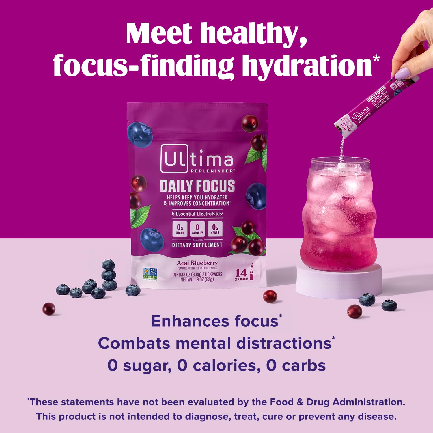 Ultima Replenisher Daily Focus Supplement & Electrolytes Powder - Acai Blueberry, 14 Stickpacks - Hydration Packets, 60mg Caffeine from Green Tea Extract & L-Theanine Ultima Replenisher buy supplements canada