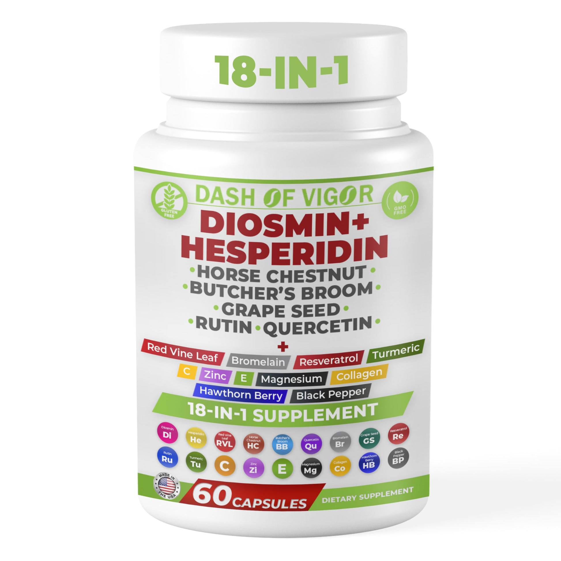 Dash of Vigor 18-in-1 Diosmin Hesperidin Supplement, Quercetin with Bromelain, Zinc, Vitamin C with Rutin Supplement, Horse Chestnut Extract, Butcher's Broom Extract, USA, 60 Capsules DASH OF VIGOR DOFV buy supplements canada