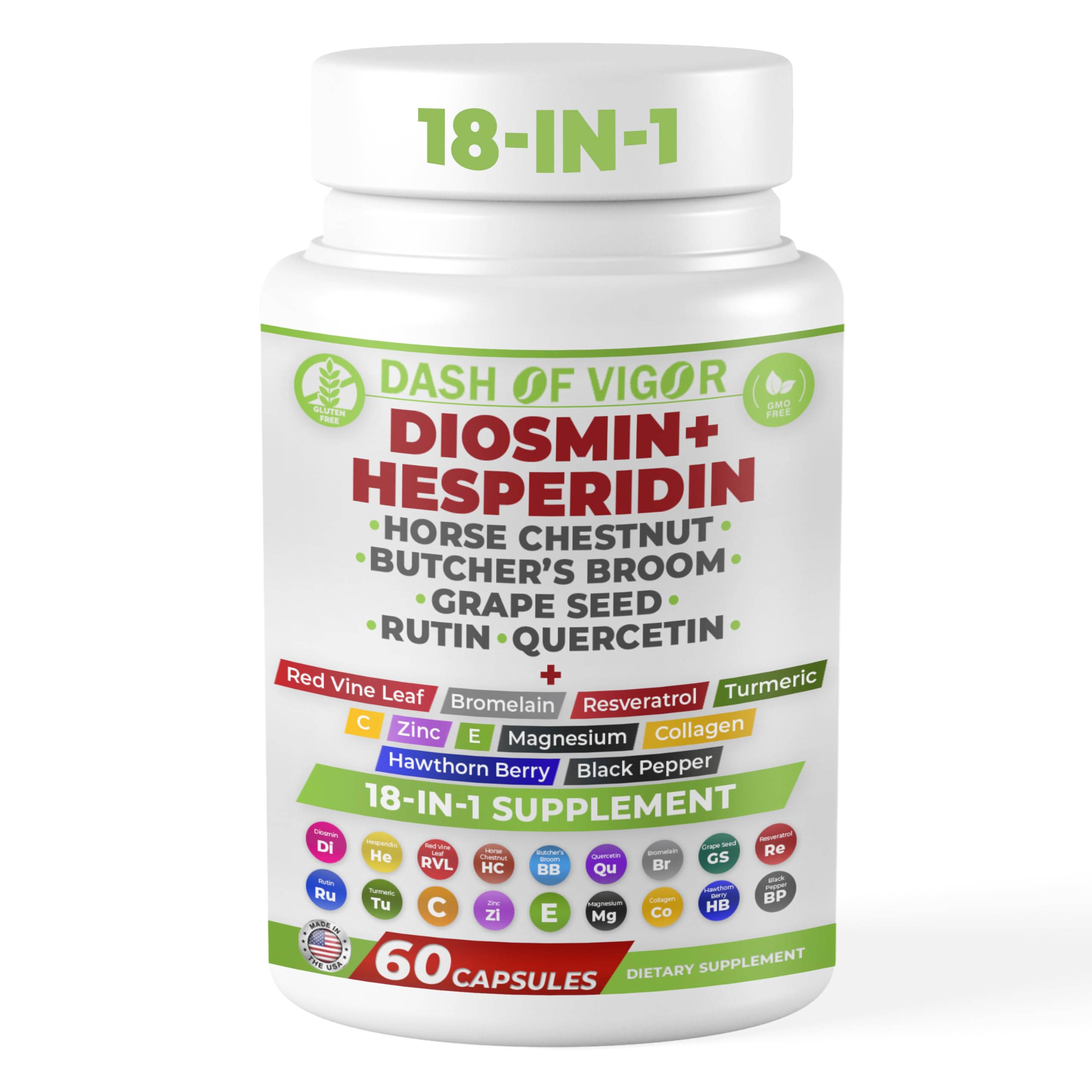 Dash of Vigor 18-in-1 Diosmin Hesperidin Supplement, Quercetin with Bromelain, Zinc, Vitamin C with Rutin Supplement, Horse Chestnut Extract, Butcher's Broom Extract, USA, 60 Capsules DASH OF VIGOR DOFV buy supplements canada