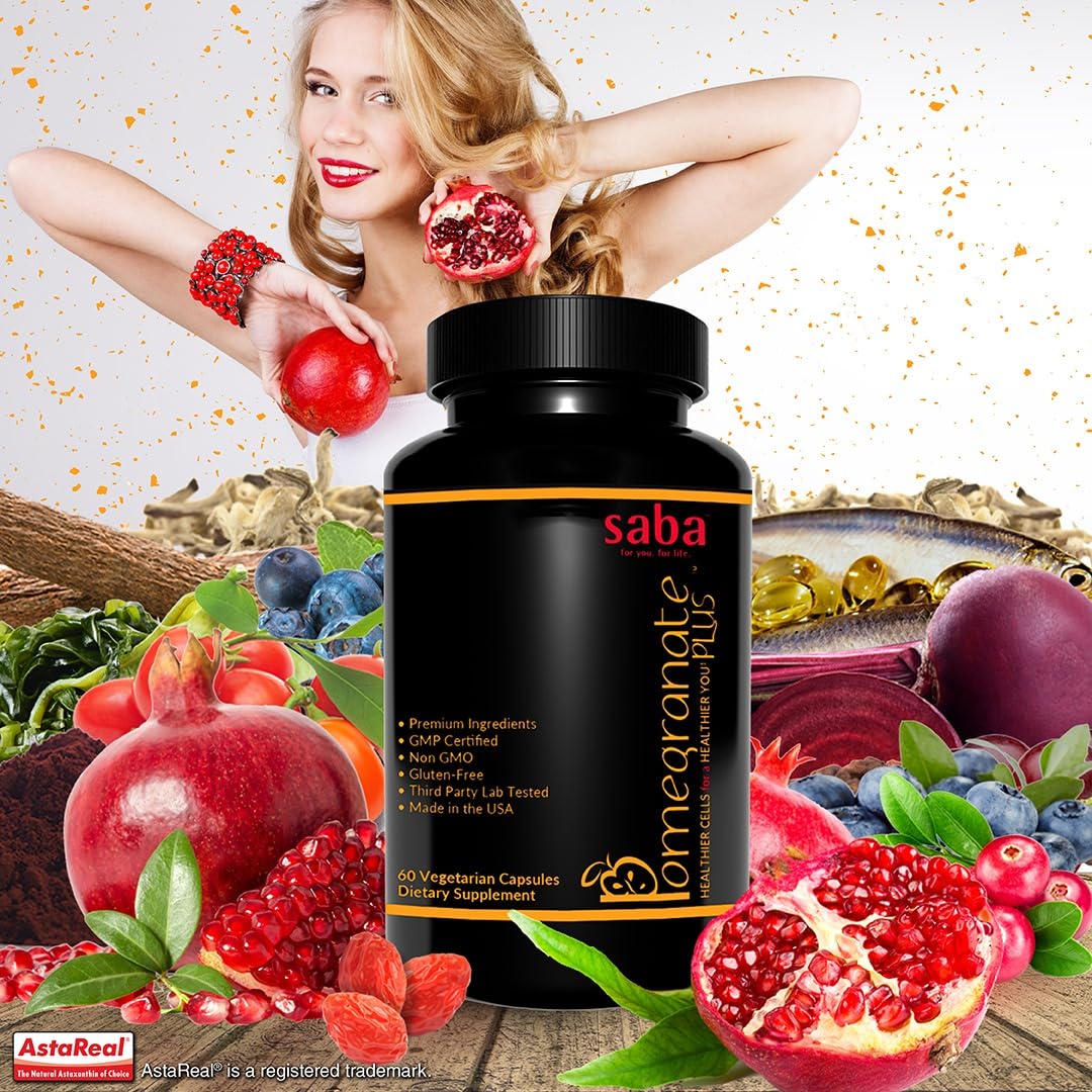 Saba Pomegranate Plus – Antioxidant Supplement with Astaxanthin & Adaptogens | Immune, Skin, Heart & Brain Support | Daily Stress & Cellular Wellness | 60 Capsules Saba buy supplements canada
