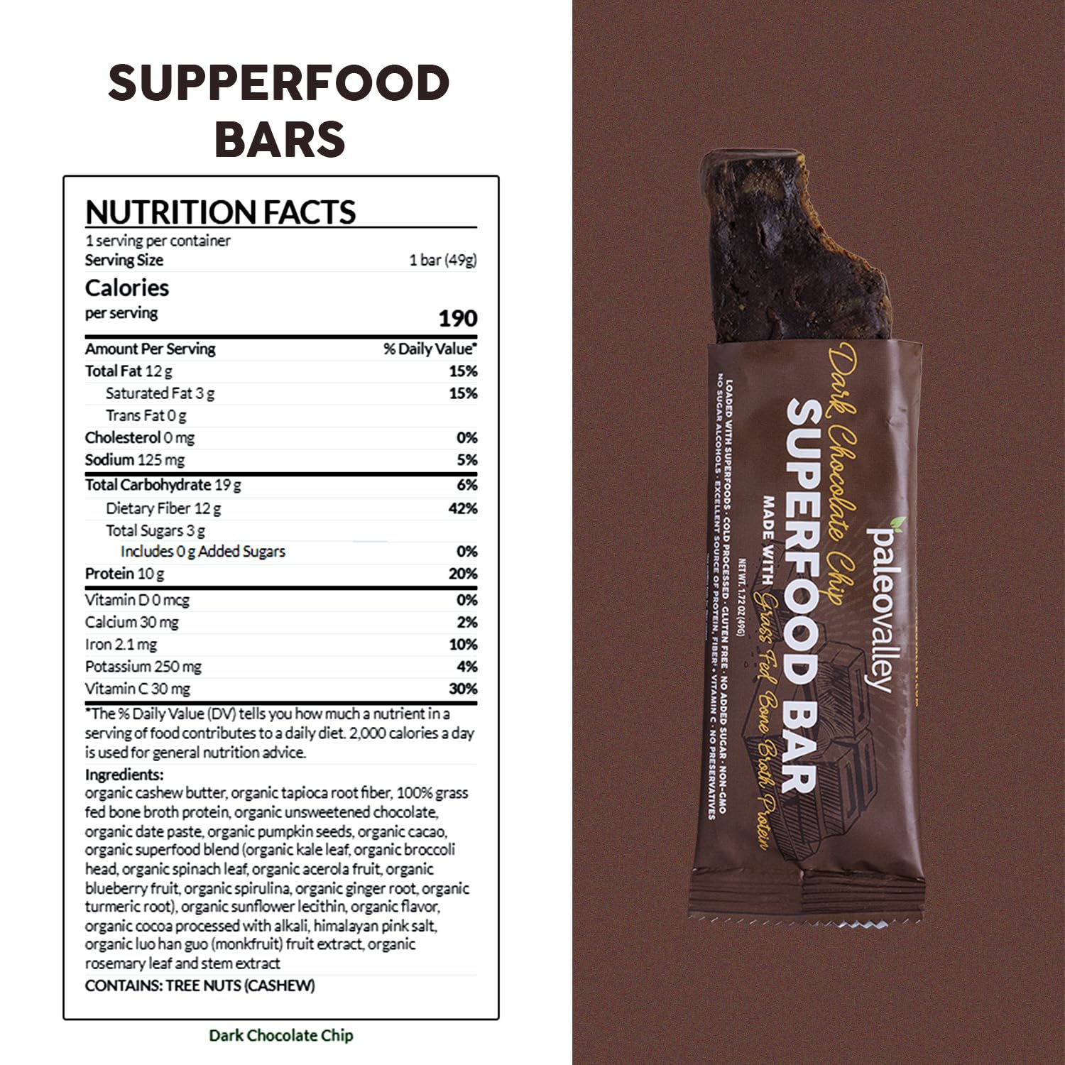 Paleovalley Superfood Bars – Dark Chocolate Chip– 10 Pack – 9g Protein per Bar – Gluten-Free, Grain-Free, Paleo, Non-GMO – On-the-Go Snack Paleovalley buy supplements canada