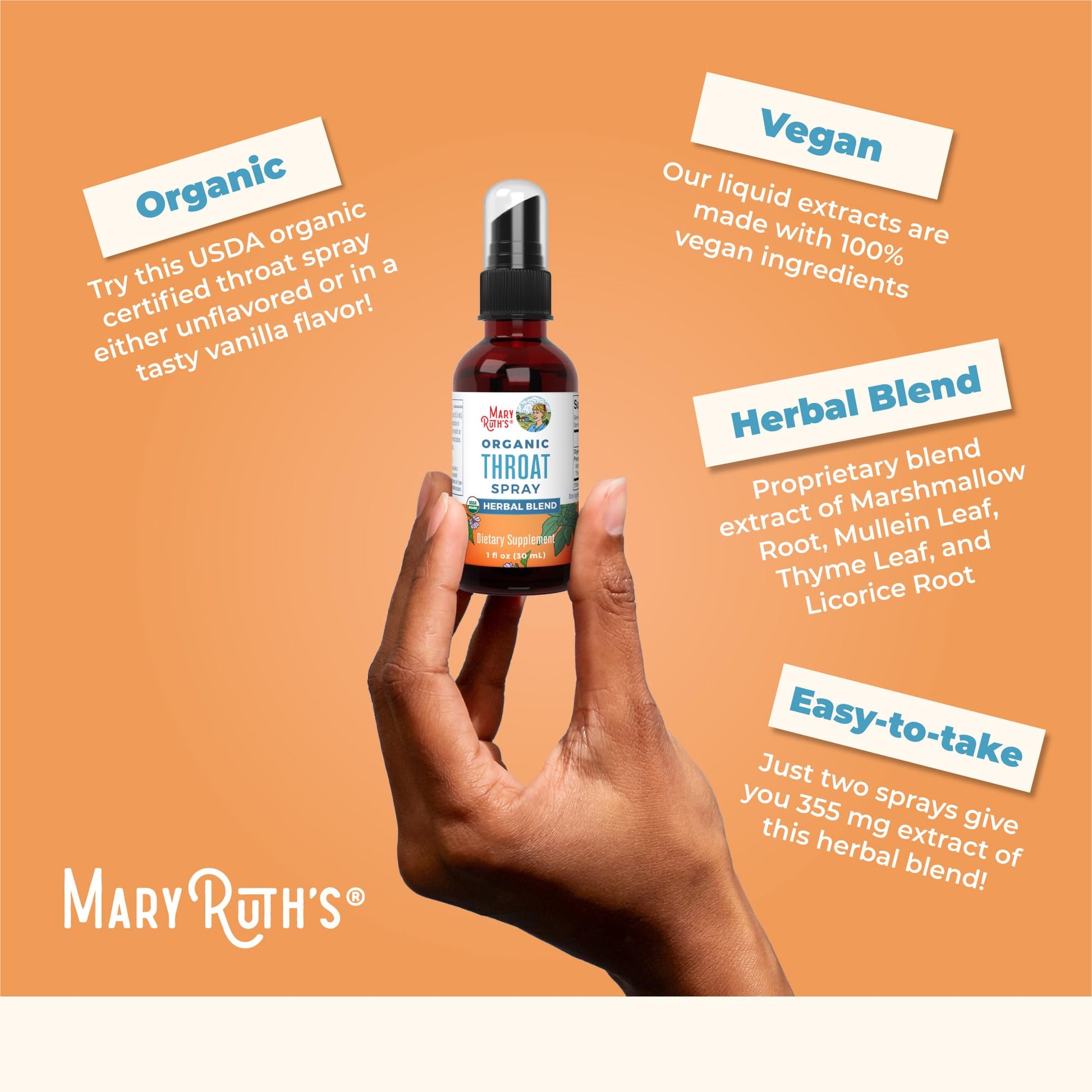 MaryRuth Organics USDA Organic Throat Spray with Mullein Leaf | Marshmallow Root & Licorice Root & Thyme Leaf | 4 Herbal Blend | Non-GMO | Vegan | Gluten Free | 1 Fl Oz | Up to 100 Servings MARYRUTH'S buy supplements canada