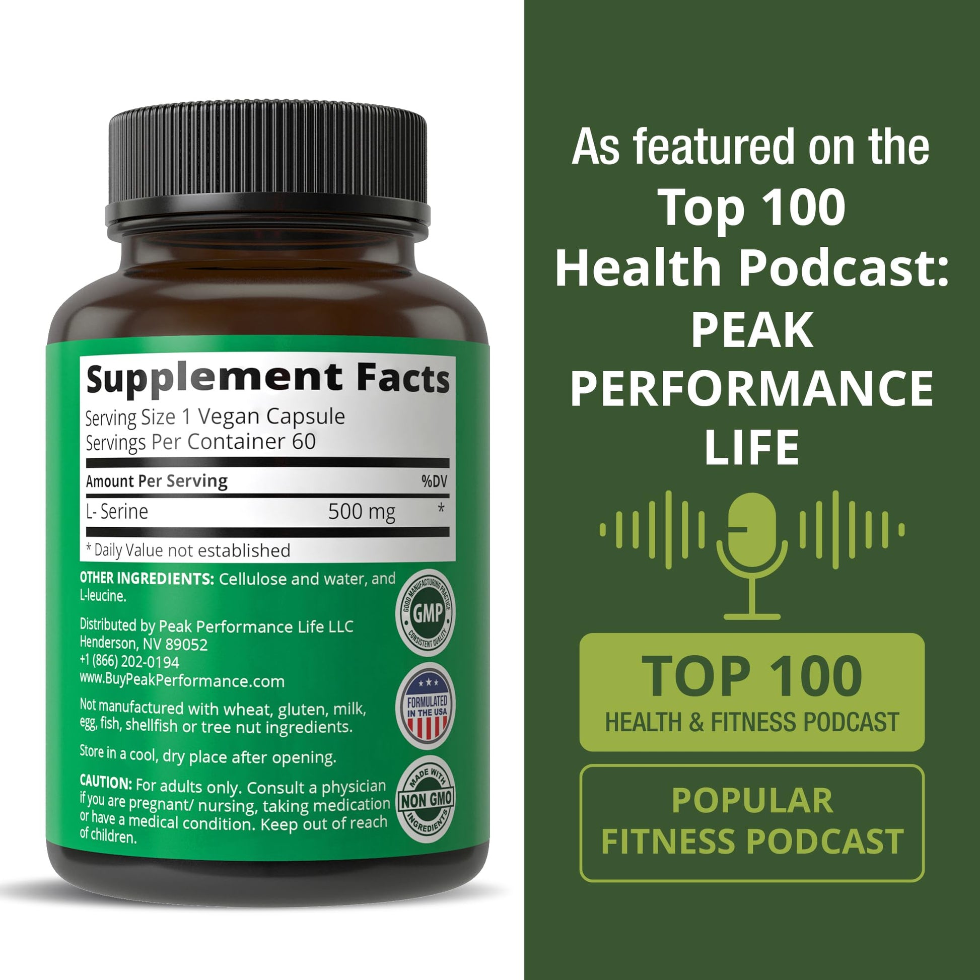 Peak Performance L-Serine Capsules 500mg Best Brain and Nootropic Amino Acids for Production of L-Cystine, L-Tryptophan and Serotonin. USA Grade L Serine Pills. Non-GMO Supplement (60 Servings) Peak Performance buy supplements canada