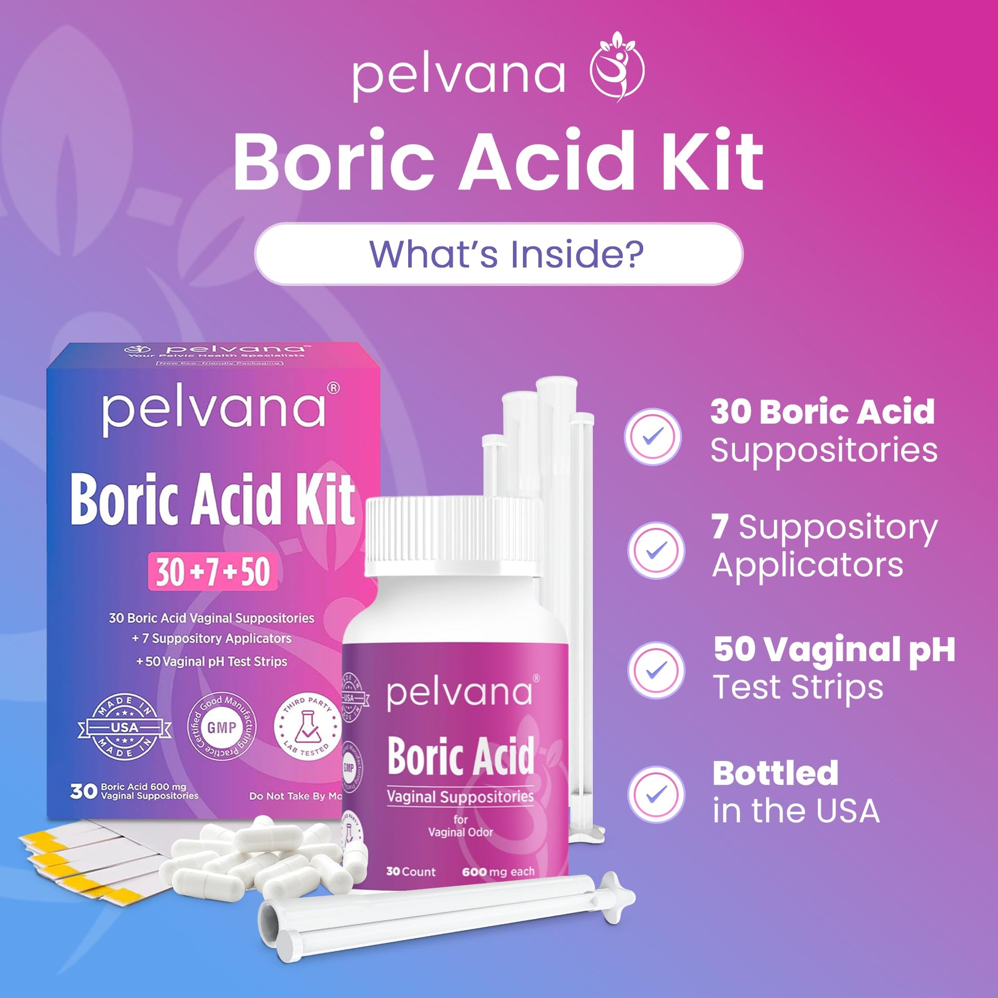 Pelvana Boric Acid Suppositories for Women 30 + 7 Applicators + 50 pH Test Strips, Total of 87 Piece Kit for Vaginal Odor - Third-Party Verified & Bottled in The USA - Feminine Health Odor Solution Pelvana buy supplements canada