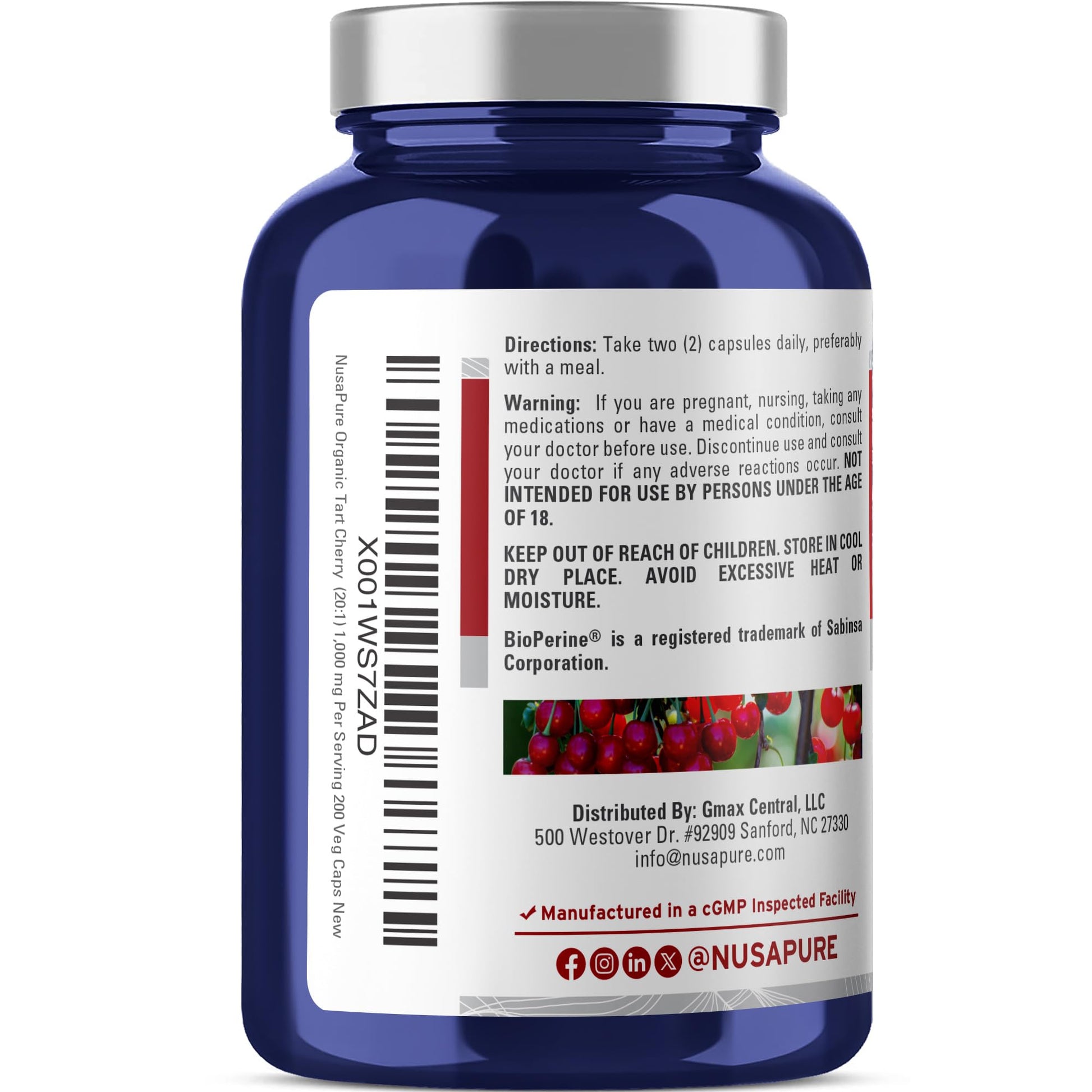 NusaPure Organic Tart Cherry 20:1 Extract, 1000 mg Equivalent to 20,000 mg 200 Veggie Caps (Vegan, Non-GMO) Bioperine NusaPure buy supplements canada