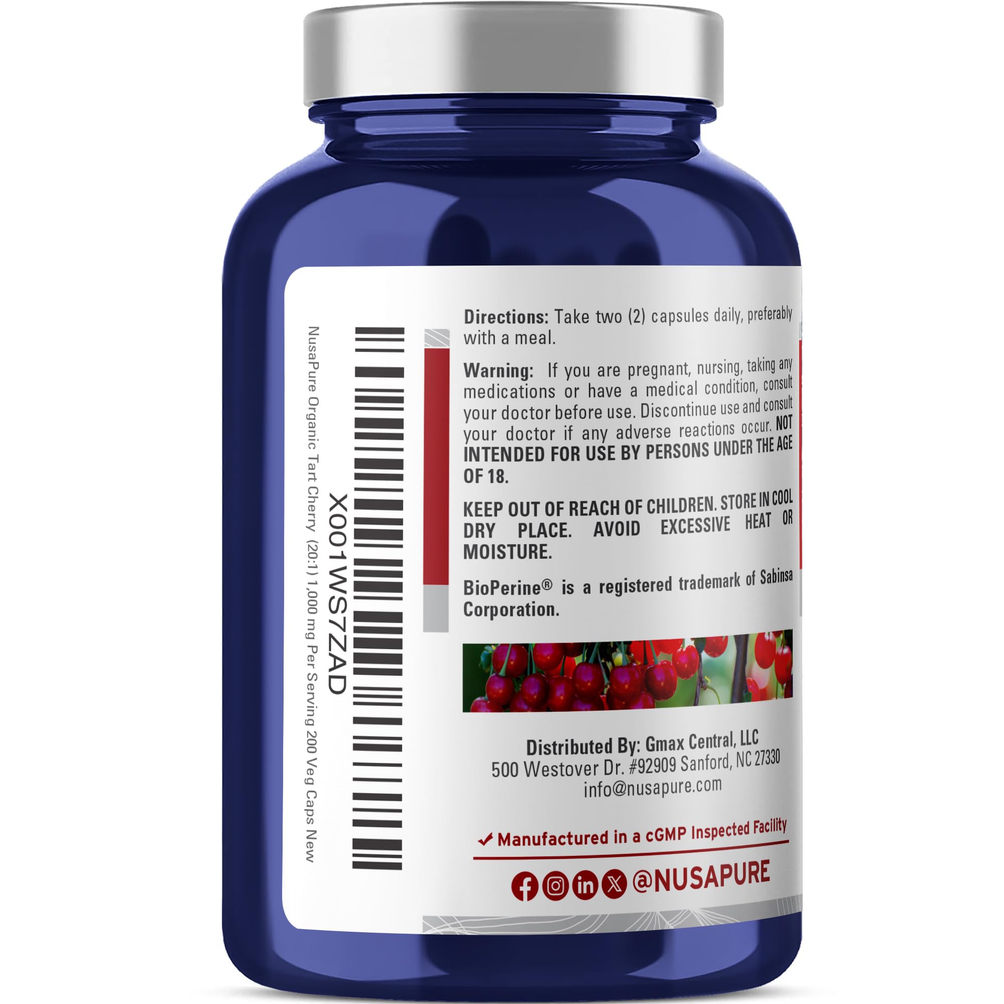 NusaPure Organic Tart Cherry 20:1 Extract, 1000 mg Equivalent to 20,000 mg 200 Veggie Caps (Vegan, Non-GMO) Bioperine NusaPure buy supplements canada