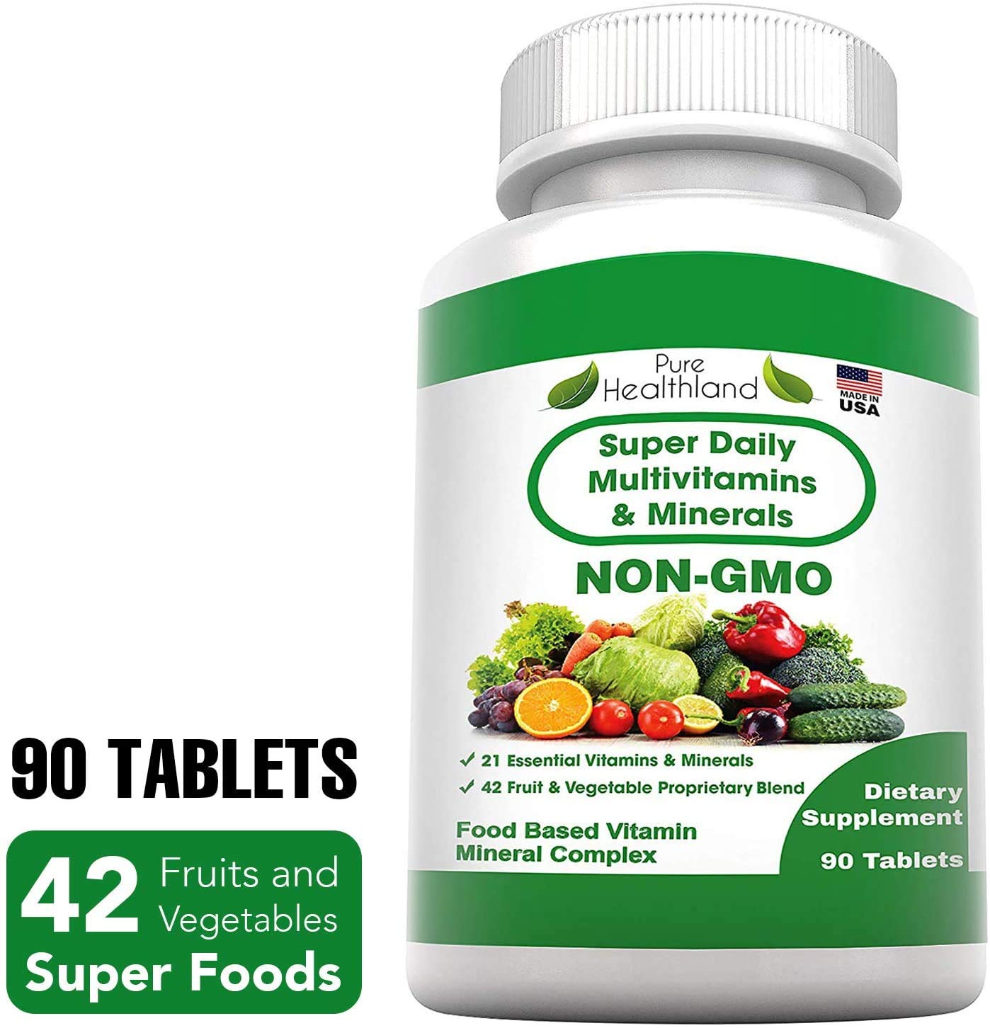 Pure Heathland Non-GMO Super Daily Multivitamin for Adults – 42 Natural Fruits & Vegetables Blend with 21 Essential Vitamins & Minerals – Vegan Coating Tablets, 90 Count, Made in USA Pure Healthland buy supplements canada