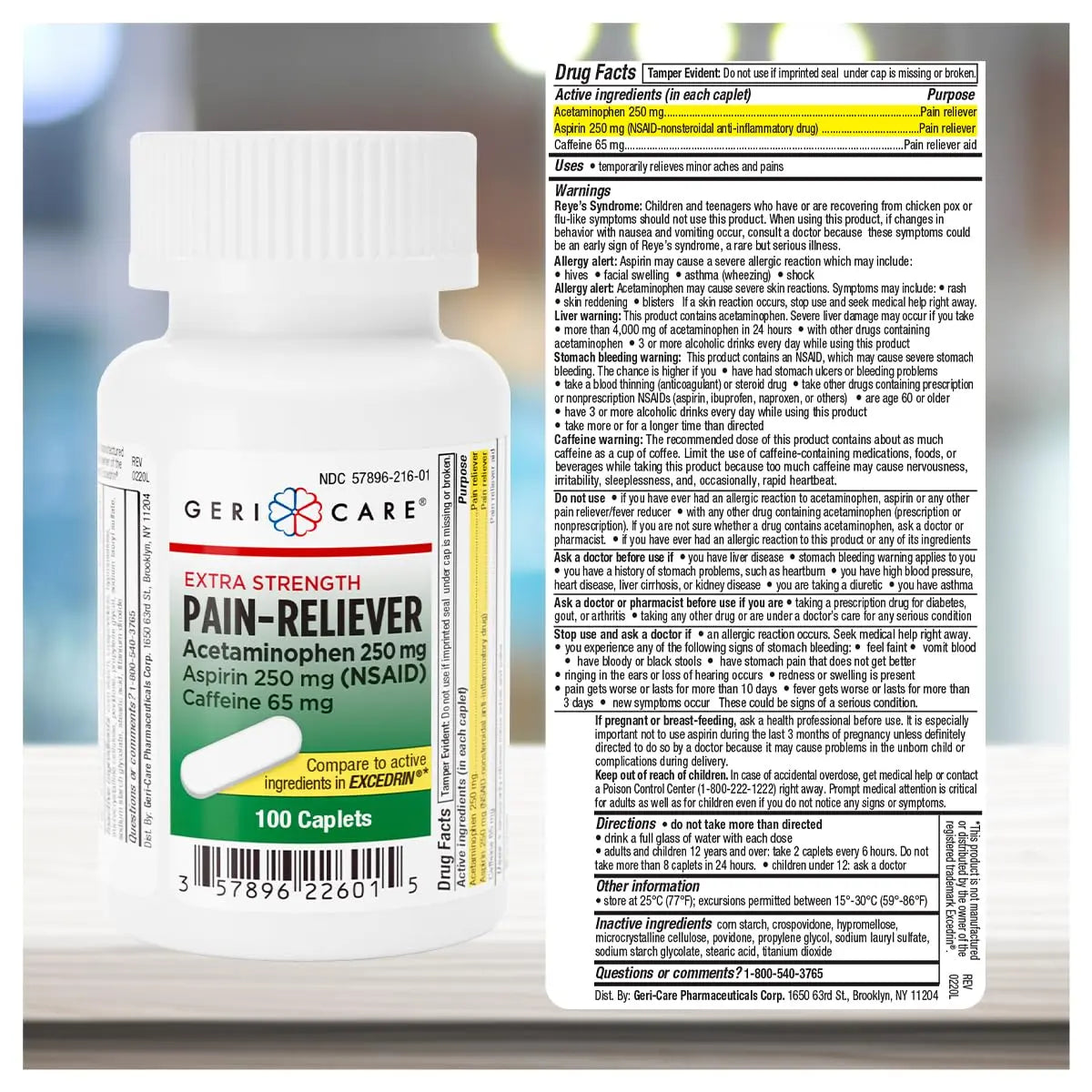 GeriCare Pain Reliever Extra Strength Caplets – 100 Count – Acetaminophen 250mg, Aspirin 250mg (NSAID), Caffeine 65mg – Powerful Triple-Action Formula for Headaches, Migraines & Minor Aches (2 Pack) GeriCare buy supplements canada