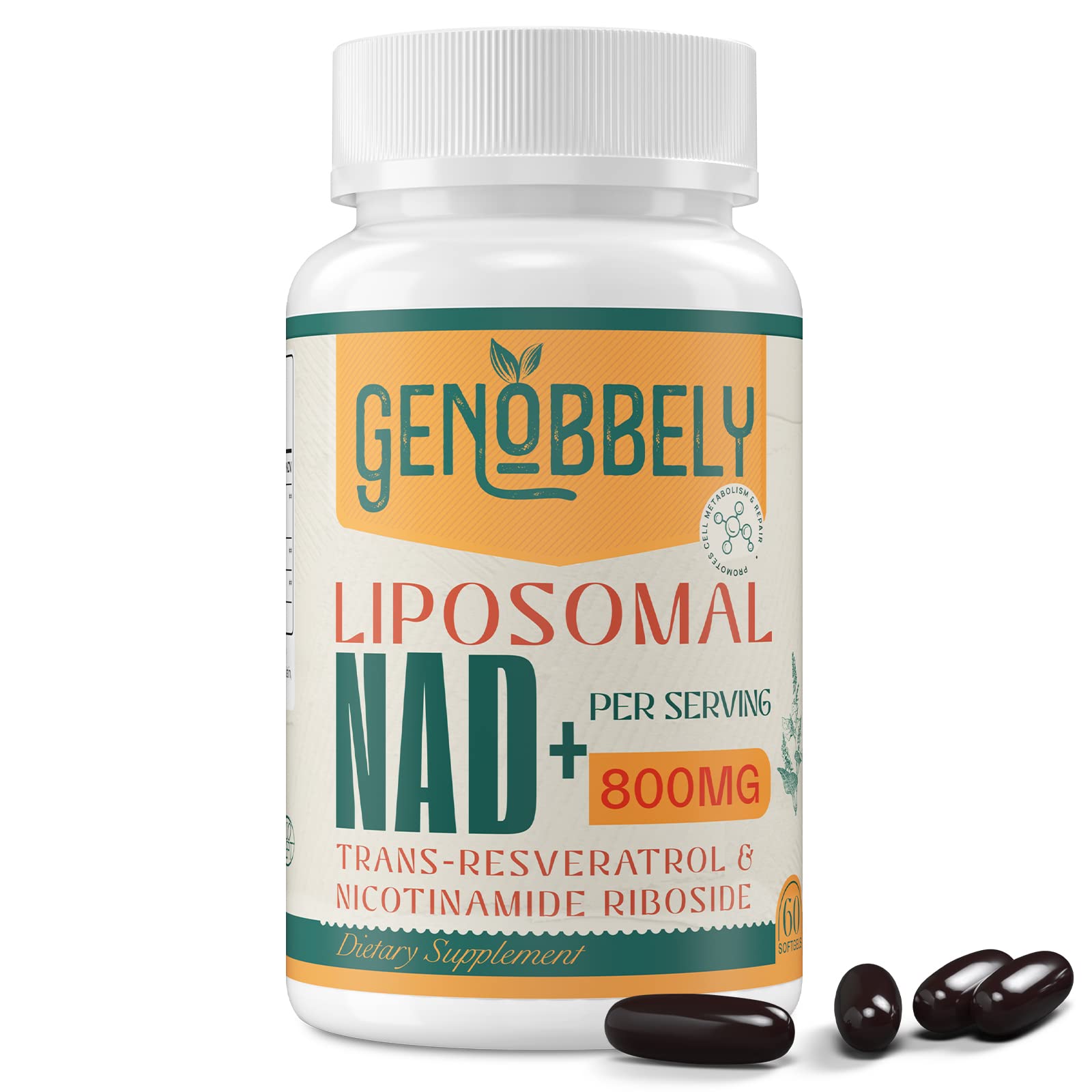 GENOBBELY 800 mg Liposomal NAD+ Supplement with Nicotinamide Riboside 200 mg, Trans-Resveratrol 100 mg - True NAD Supplement for DNA Repair, Healthy Aging, Brain Function - 60-Day Supply GENOBBELY buy supplements canada