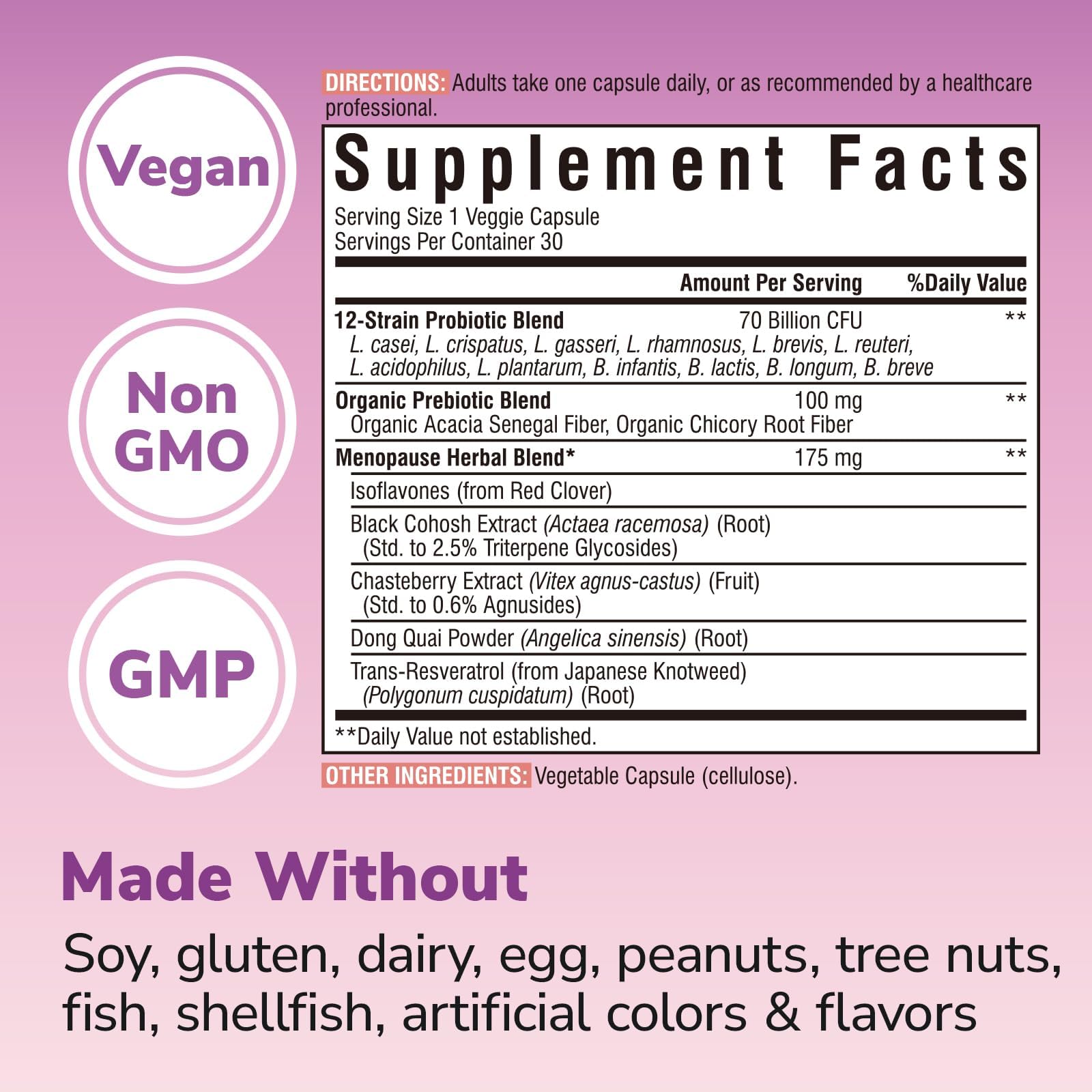 Vitalibre Menopause Probiotics for Women 70 Billion CFU, 12 Targeted Strains, Organic Prebiotics, Black Cohosh Resveratrol Red Clover Chasteberry Dong Quai, Hot Flash Night Sweat+, No Estrogen, 30 Ct Vitalibre buy supplements canada