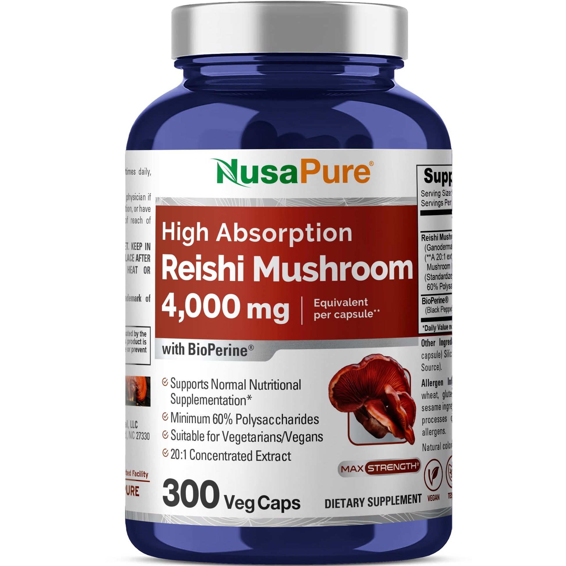 NusaPure Reishi Mushroom Extract 20:1 Extract, 200 mg Equivalent to 4000mg per Capsule 300 Veggie Caps Vegan, Non-GMO, Vegan NusaPure buy supplements canada