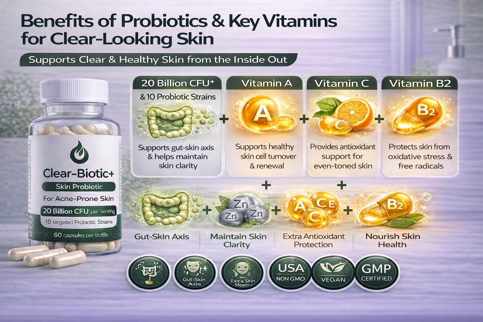 Acne Pills Probiotic Acne Supplements for Teens & Adults - Hormonal Acne Vitamins, Gut Health for Clear Skin, Non-GMO (60 Capsules) Gut Skin Axis Clear-Biotic buy supplements canada