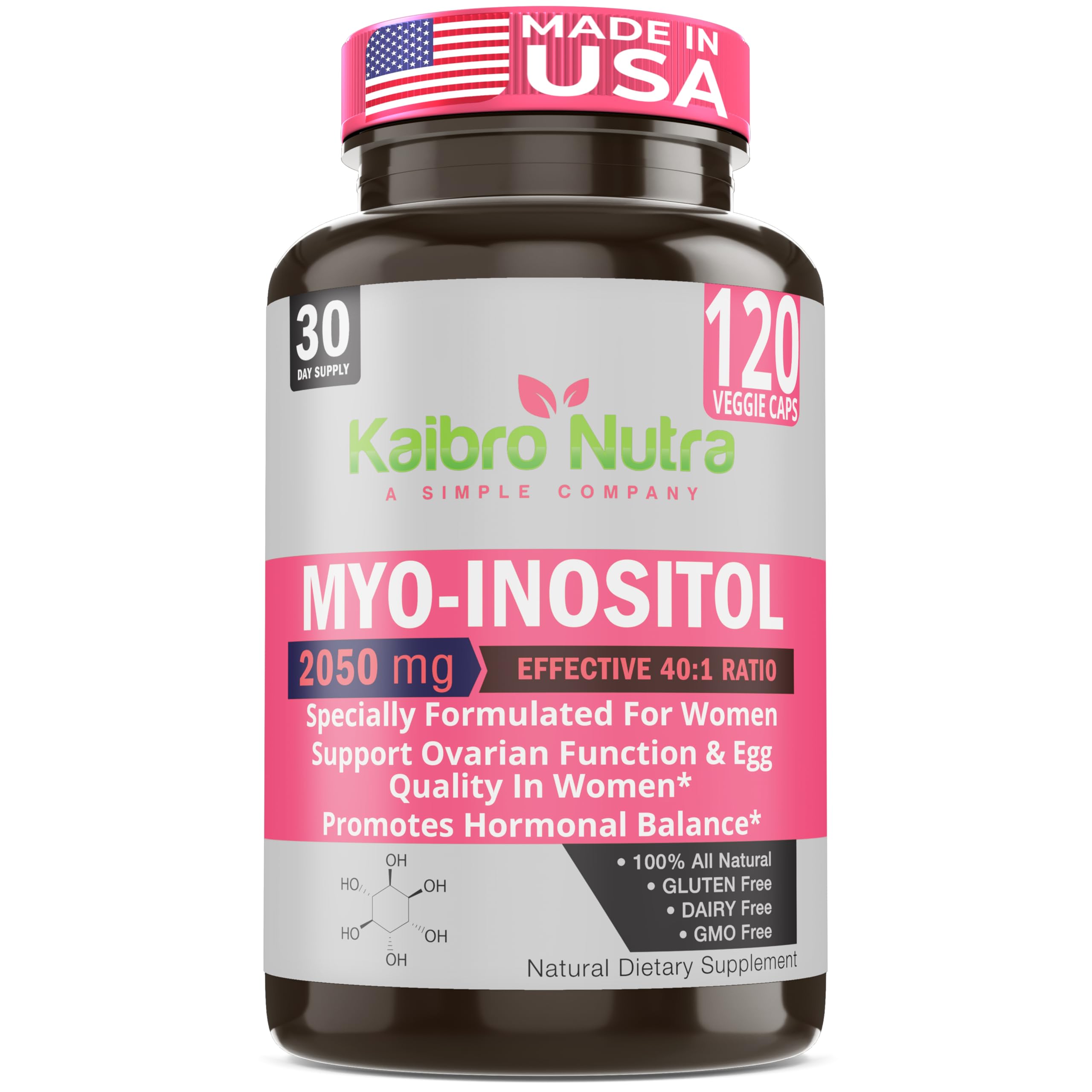 Kaibro Nutra Myo-Inositol Supplement, Myo-Inositol & D-Chiro Inositol 40:1 Ratio, Hormone Balance & Ovarian Support for Women with Vitamin B8, 2050mg, Vegan, Non-GMO Capsules 120 Count Kaibro Nutra buy supplements canada