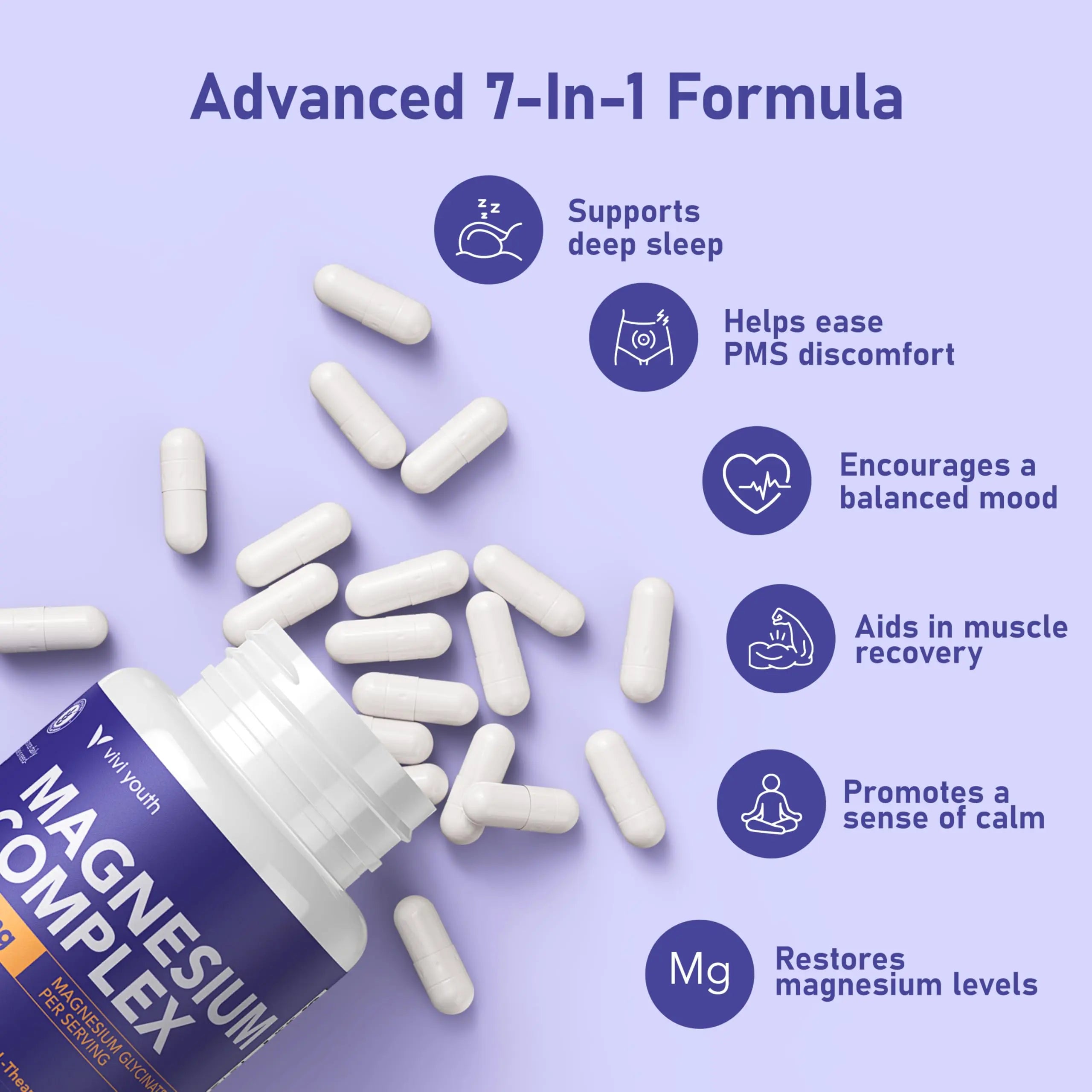 Magnesium 7 Complex for Women 1600mg, Magnesium Glycinate 600mg 7 High Absorption Magnesium Supplement with Citrate, Malate, Chelate, Taurate, Gluconate, Aspartate & Ascorbate for Sleep, 60 Capsules VIVI Youth buy supplements canada