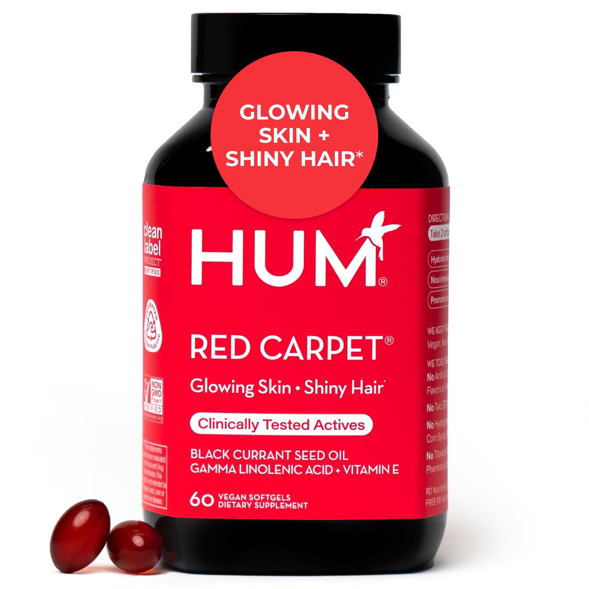 HUM Red Carpet Skin & Hair Vitamins for Women with Omega 3 Fatty Acids, Vitamin E, and Black Currant Seed Oil, Supplement for Skin Health & Healthy Hair Follicles Support, 60 Count HUM buy supplements canada