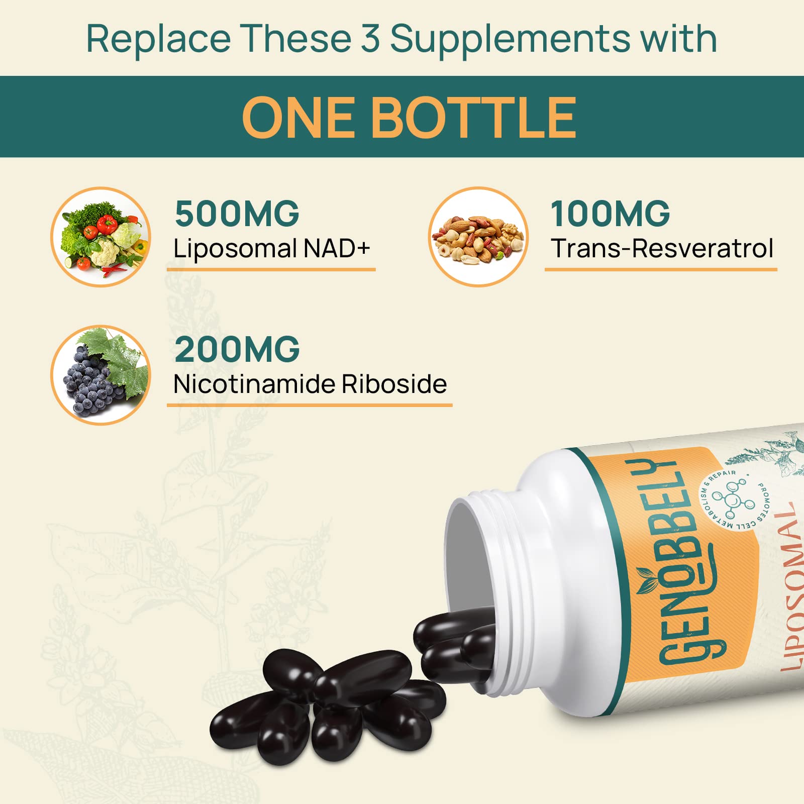 GENOBBELY 800 mg Liposomal NAD+ Supplement with Nicotinamide Riboside 200 mg, Trans-Resveratrol 100 mg - True NAD Supplement for DNA Repair, Healthy Aging, Brain Function - 60-Day Supply GENOBBELY buy supplements canada