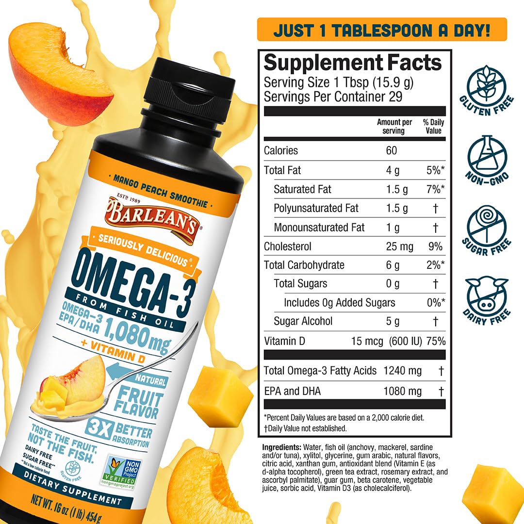 Barlean's Omega 3 Fish Oil Liquid Supplement with Vitamin D for Men and Women, 1080mg of EPA and DHA Fatty Acid, Promotes Brain & Heart Health - Non-GMO, Mango Peach, 16 oz Barlean's buy supplements canada