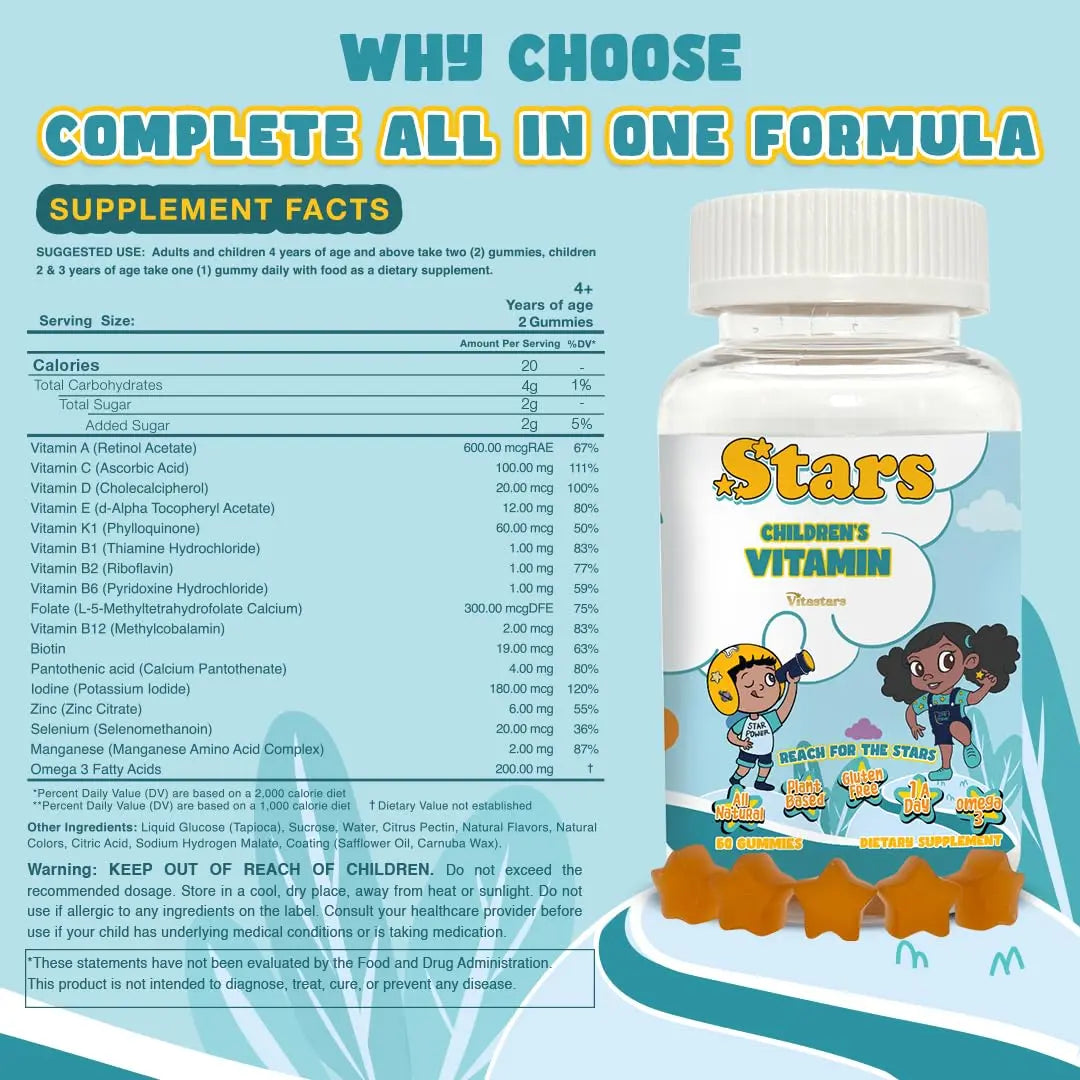 Stars Kids Multivitamin Gummies with Omega 3, Vitamins for Kids with A, B, C, D, Plant Based Multi Vitamins for Children, Manganese Vitastars buy supplements canada