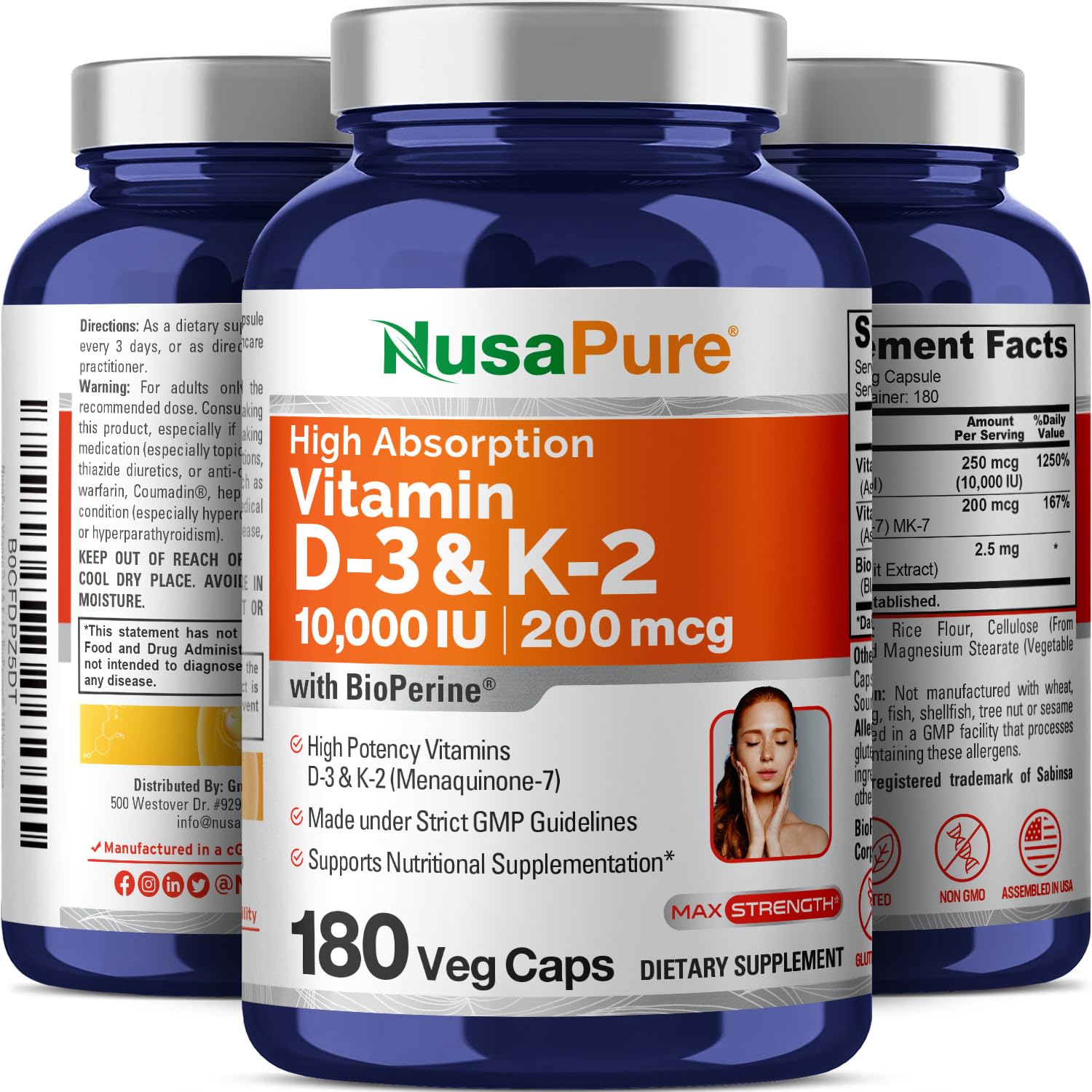 NusaPure Vitamin K2 (MK7) (200mcg) + Vitamin D3 (10000 IU) 180 Veg Caps - Bioperine, Soyfree, Non-GMO NusaPure buy supplements canada