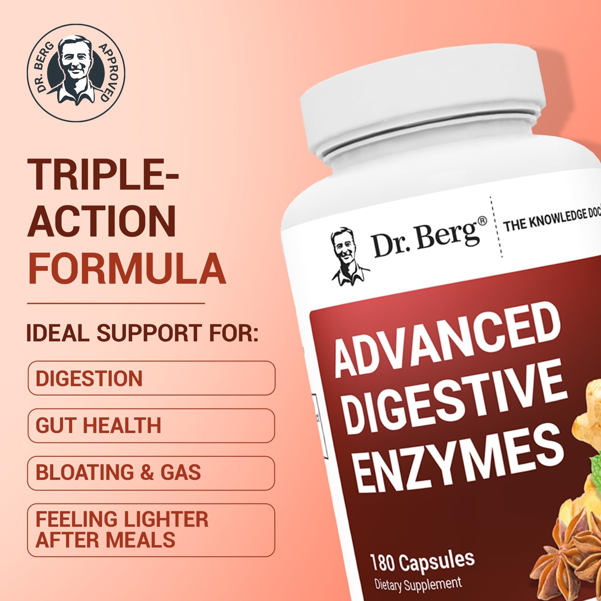 Dr. Berg Advanced Digestive Enzymes with Apple Cider Vinegar - Includes Digestive Health Ingredients Like Betaine Hydrochloride (HCI), Ginger Root & Peppermint Leaf - 180 Capsules Dr. Berg Nutritionals buy supplements canada