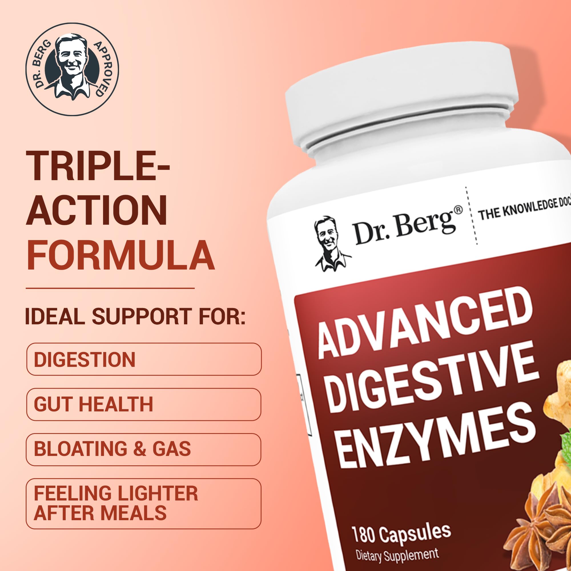 Dr. Berg Advanced Digestive Enzymes with Apple Cider Vinegar - Includes Digestive Health Ingredients Like Betaine Hydrochloride (HCI), Ginger Root & Peppermint Leaf - 180 Capsules Dr. Berg Nutritionals buy supplements canada