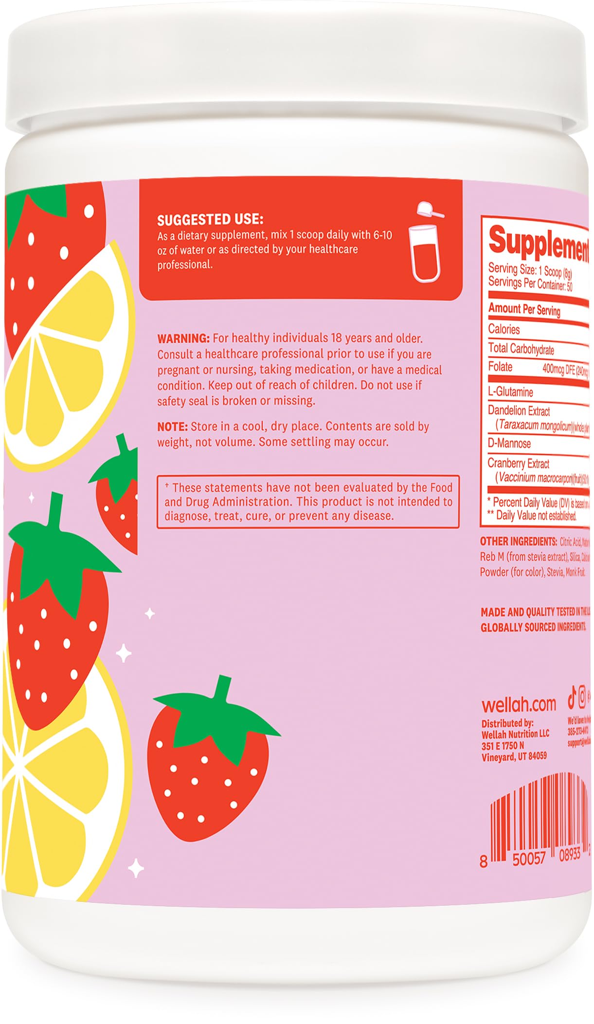 Wellah L-Glutamine Strawberry Lemonade Flavored (50 Servings) - 5g L-Glutamine Per Serving, Sweetened with Stevia Wellah buy supplements canada