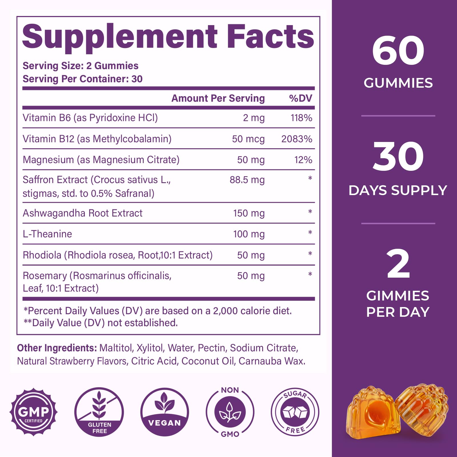 Saffron Supplements Gummies, 88.5mg Pure Saffron Extract with Ashwagandha L-Theanine Rhodiola Rosemary Magnesium Vitamin B6 B12 for Mood Focus Support Adults Kids - 60 Count VEGETUSMAX buy supplements canada