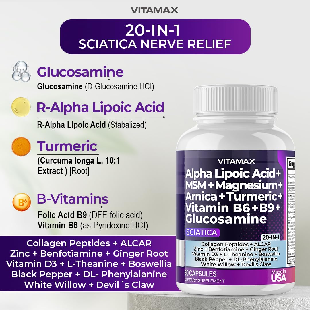 Sciatic Nerve Health Support - Sciatic Nerve Supplement Capsules with Folic Acid, Pea, Glucosamine, MSM, Vitamin B Complex, Alpha Lipoic Acid 300mg – 60ct – Made in USA Vitamax buy supplements canada