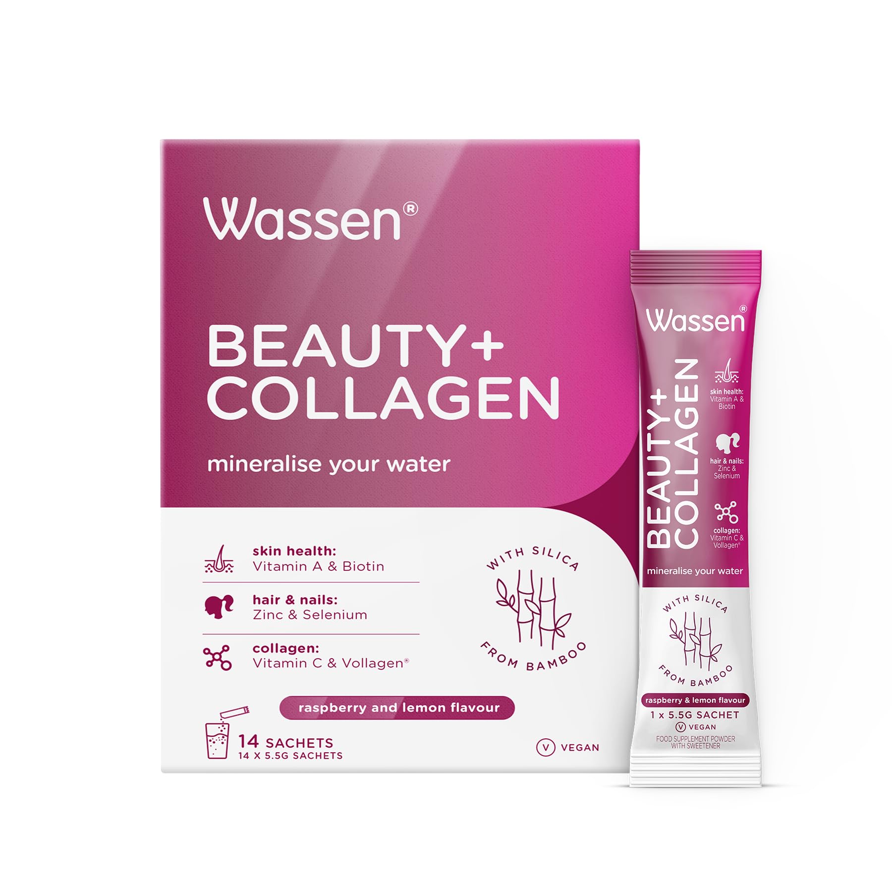Wassen Beauty and Collagen - Plant-Based Vegan Collagen - 14 Raspberry & Lemon Flavoured Sachets Wassen buy supplements canada