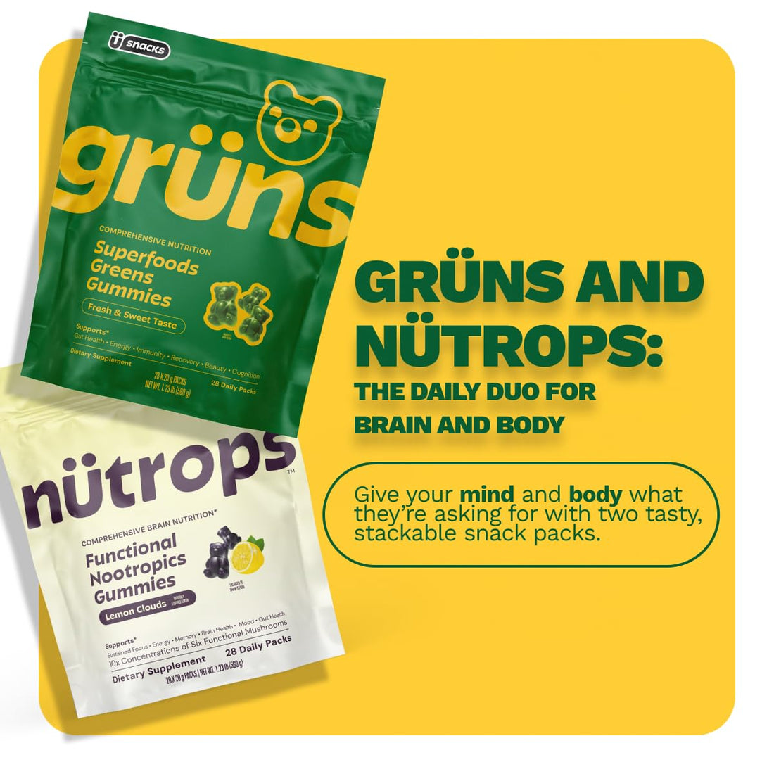 Nutrops Lions Mane Mushroom Gummies for adults, Functional Nootropics, Herbal Brain Supplement for Energy, Brain Health, Cognitive, Memory & Focus, Reishi, Chaga, Cordyceps, Coriolus, 28 daily Packs Grüns buy supplements canada