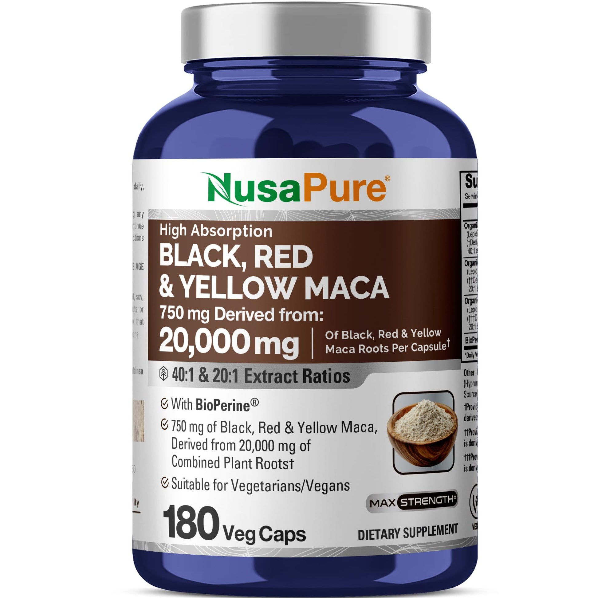 NusaPure Maca Root Black, Red, Yellow 20,000mg - 180 Vegan Capsules (Vegan,Non-GMO, Gluten Free) Bioperine NusaPure buy supplements canada