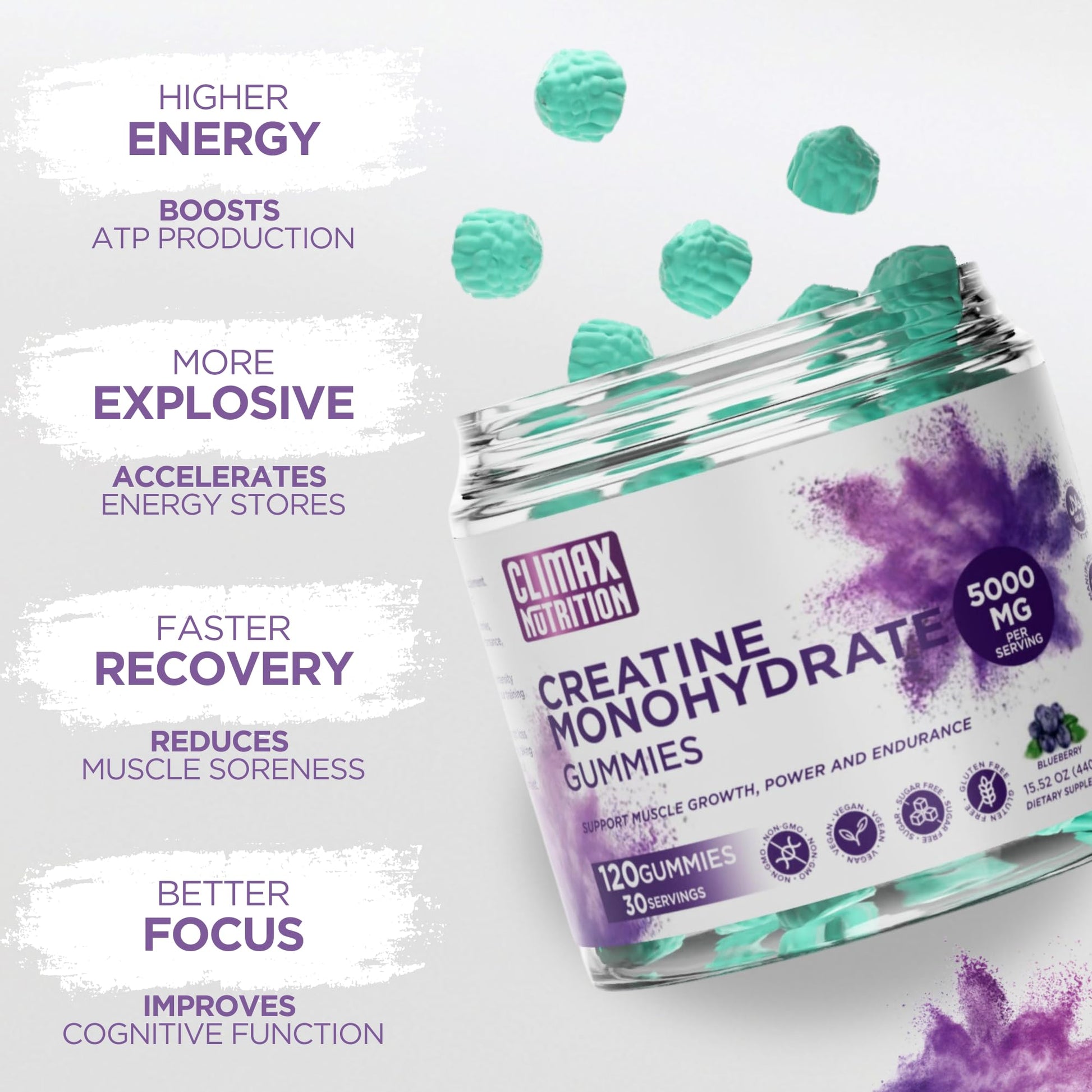 Creatine Monohydrate Gummies - Vegan, Sugar-Free, Gluten-Free - Boosts Muscle Recovery, Strength & Lean Muscle Growth - Brain Health Support - for Men & Women - Blueberry Flavor - 120 Gummies CLIMAX NUTRITION buy supplements canada