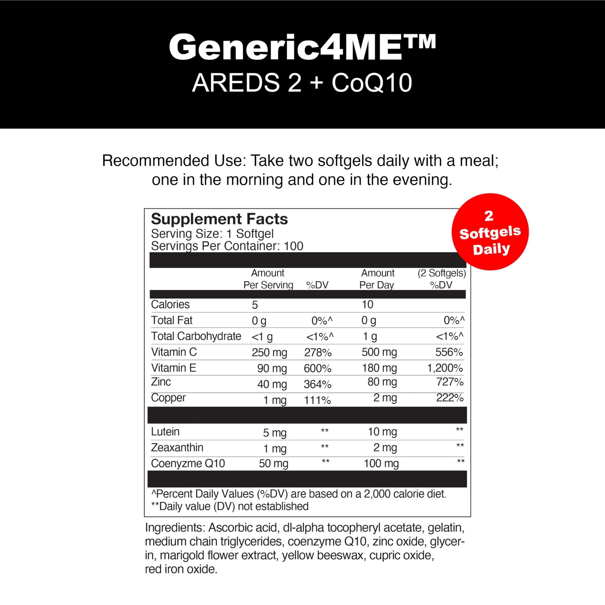 Generic4ME AREDS 2 SoftGels, 100 mg CoQ10 for Heart Health, 500 mg Vitamin C, 400 IU Vitamin E, 10 mg Lutein, 2 mg Zeaxanthin, 80 mg Zinc, 2 mg Copper - Supports Eye Health - 100 Mini SoftGels Generic4ME buy supplements canada