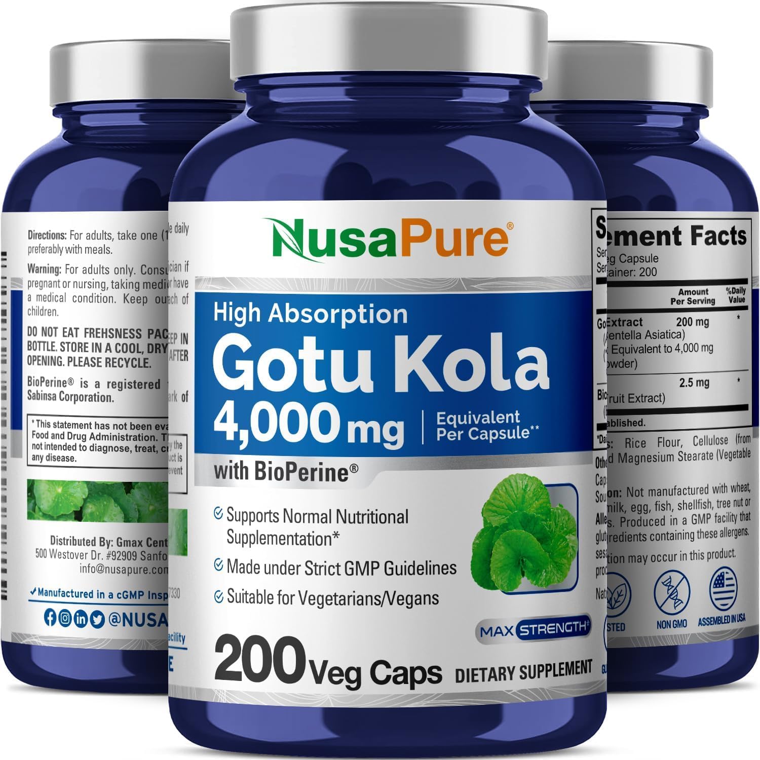 NusaPure Gotu Kola Capsules 20:1 Extract, 200 mg Equivalent to 4000mg Per Veggie Caps, 200 Count, Non-GMO, Vegan, Bioperine - Traditional Herb Extract NusaPure buy supplements canada