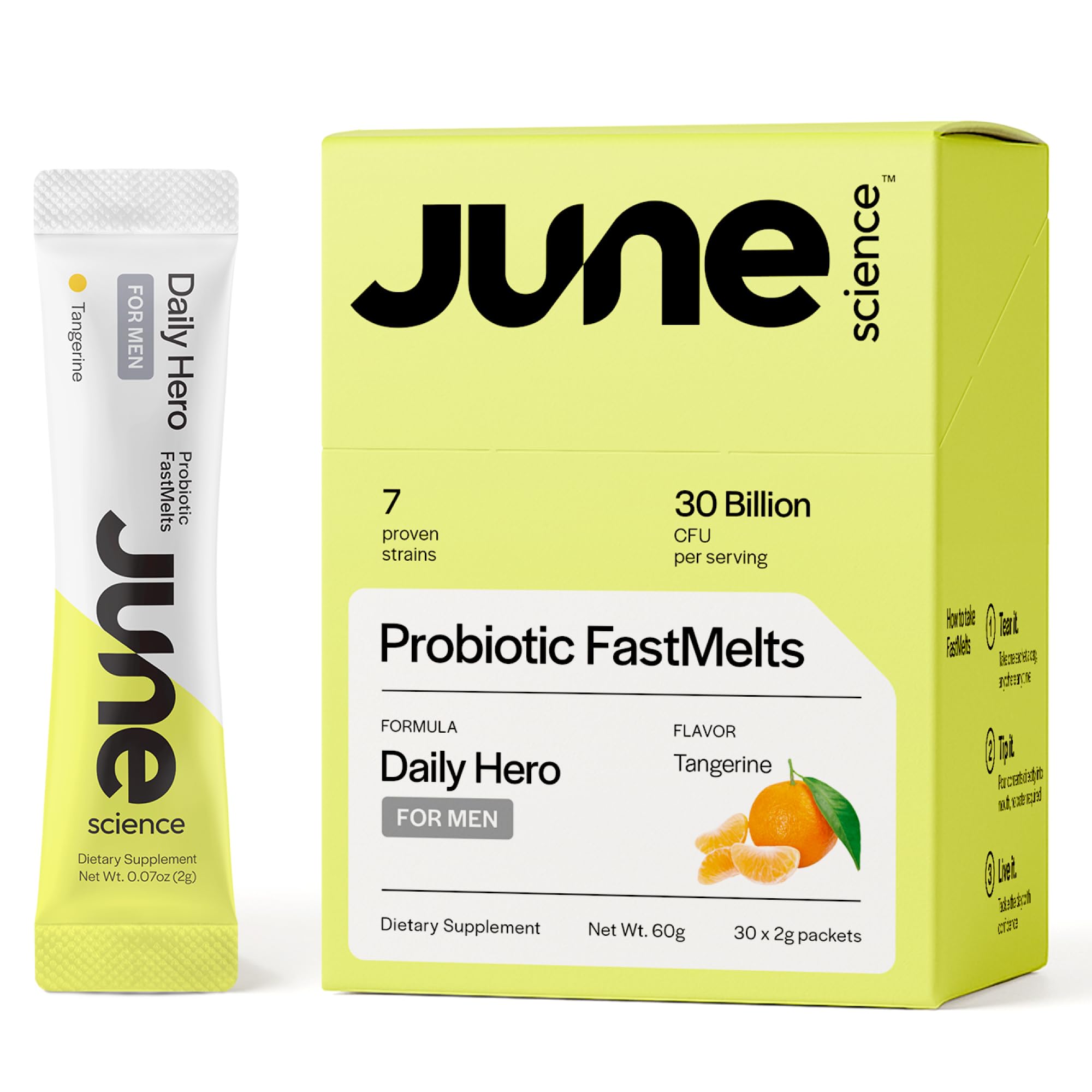 June Science Daily Hero for Men | Fast Melt Pre + Probiotic for Men - Tangerine Flavor, 30 Powder Sachets June Science buy supplements canada