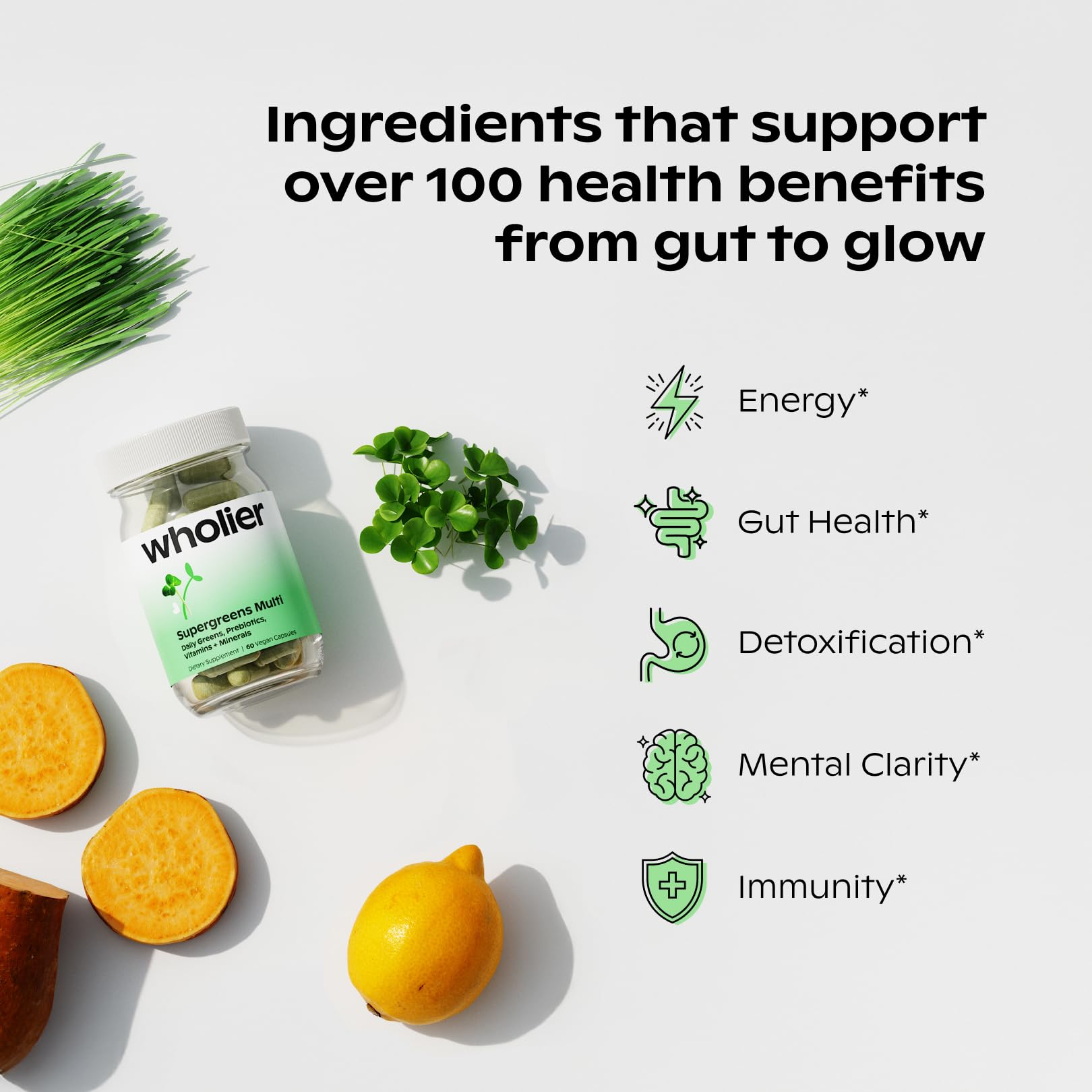 wholier Supergreens Multi, Daily Greens, Vegan Multivitamin for Women + Men, Whole Food Vitamins + Minerals, Prebiotics for Gut Health, Adaptogens (60 Vegan Capsules) Glass Bottle wholier buy supplements canada