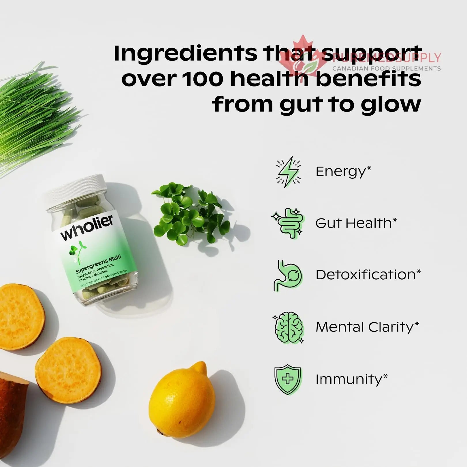 wholier Supergreens Multi, Daily Greens, Vegan Multivitamin for Women + Men, Whole Food Vitamins + Minerals, Prebiotics for Gut Health, Adaptogens (60 Vegan Capsules) Glass Bottle wholier buy supplements canada