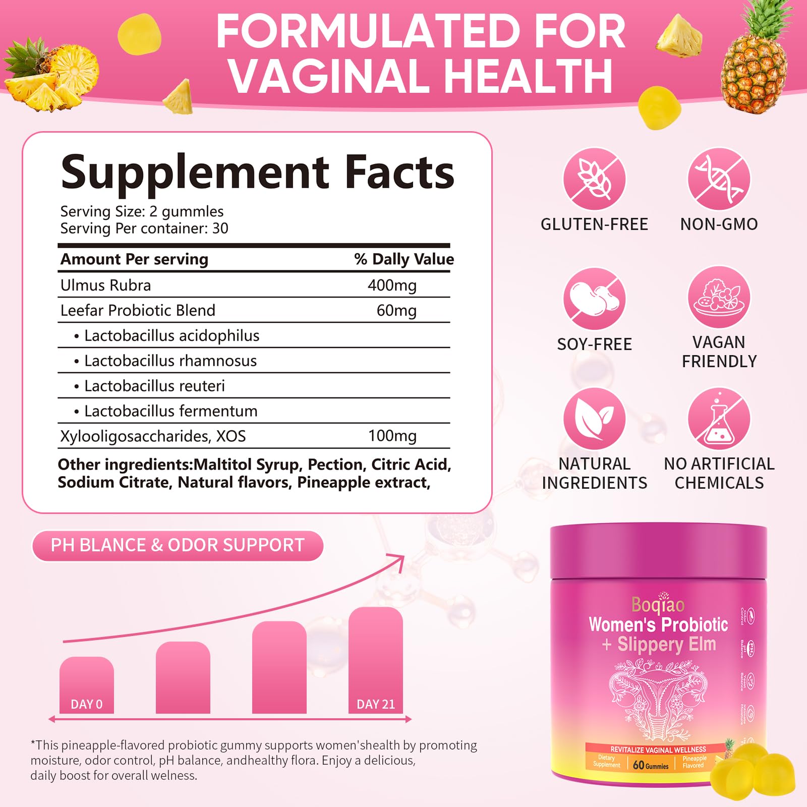 Feminine Probiotics Gummies with Slippery Elm - 60 Pineapple Gummies for Women ph Balance, Vaginal Probiotics Supports Flora, Gut Health & Immune System, Prebiotics & Lactobacillus Blend (Pineapple) Boqiao buy supplements canada