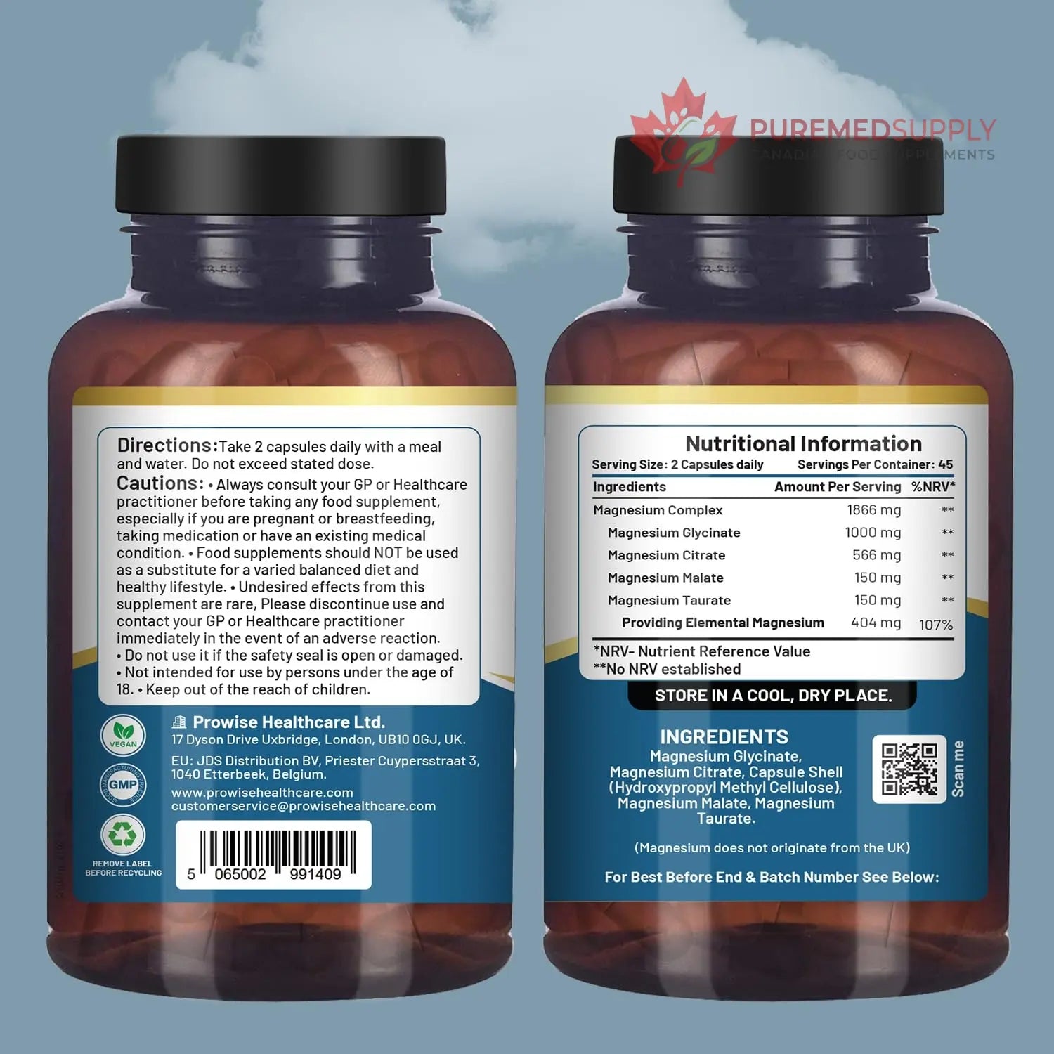 Magnesium Glycinate Complex 4 in 1-1866mg per Serving | Precise 404mg Elemental Magnesium dose | Added Magnesium Glycinate, Citrate, Malate & Taurate | 90 Vegan Capsules - by Prowise PH PROWISE Healthcare buy supplements canada