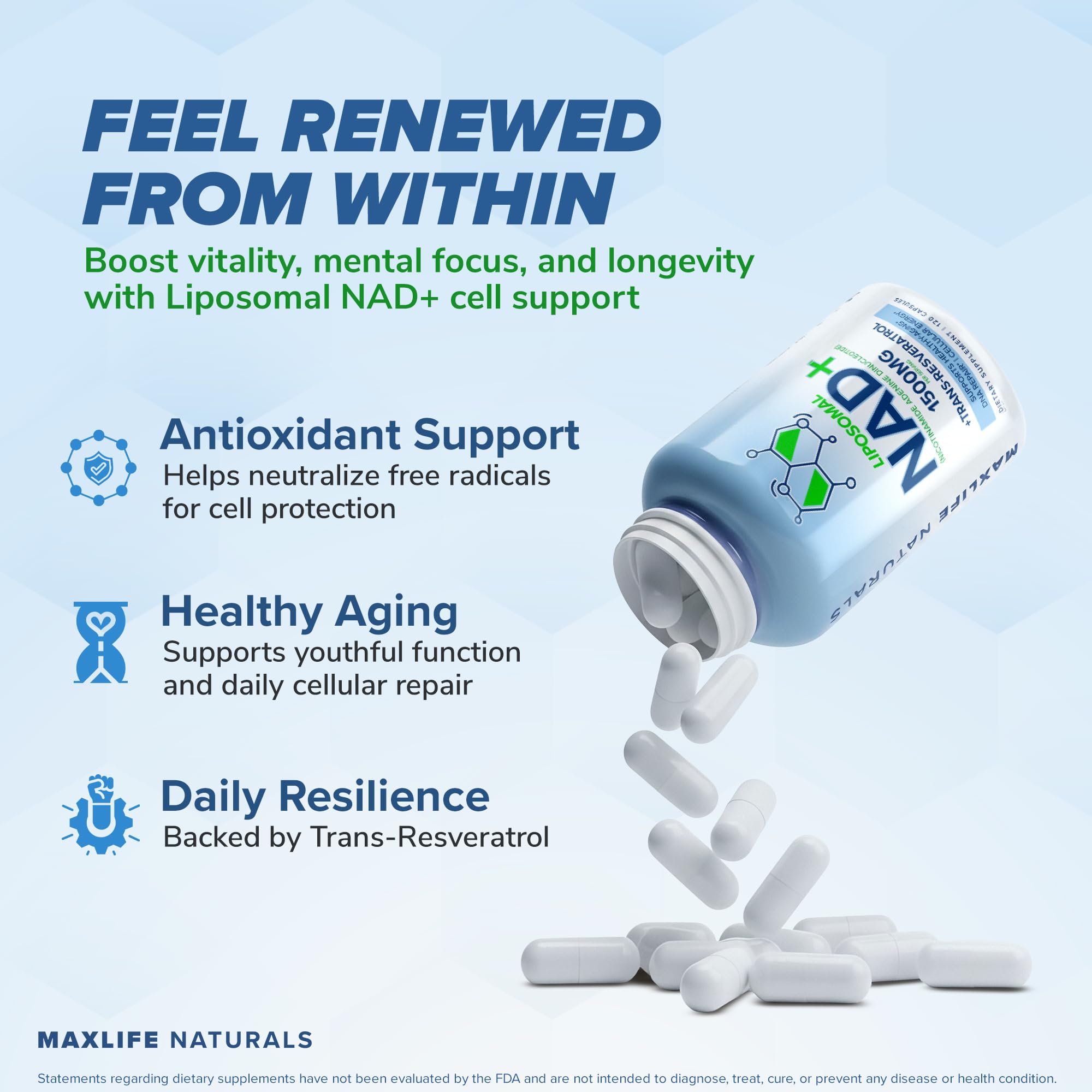 Liposomal NAD+ Trans-Resveratrol Supplement 1500mg - 120 Capsules - Liposomal NAD Supplements for Women and Men, High Purity-NAD Cell Regenerator, Cognitive & Anti Aging Supplement for Women & Men MAXLIFE NATURALS buy supplements canada