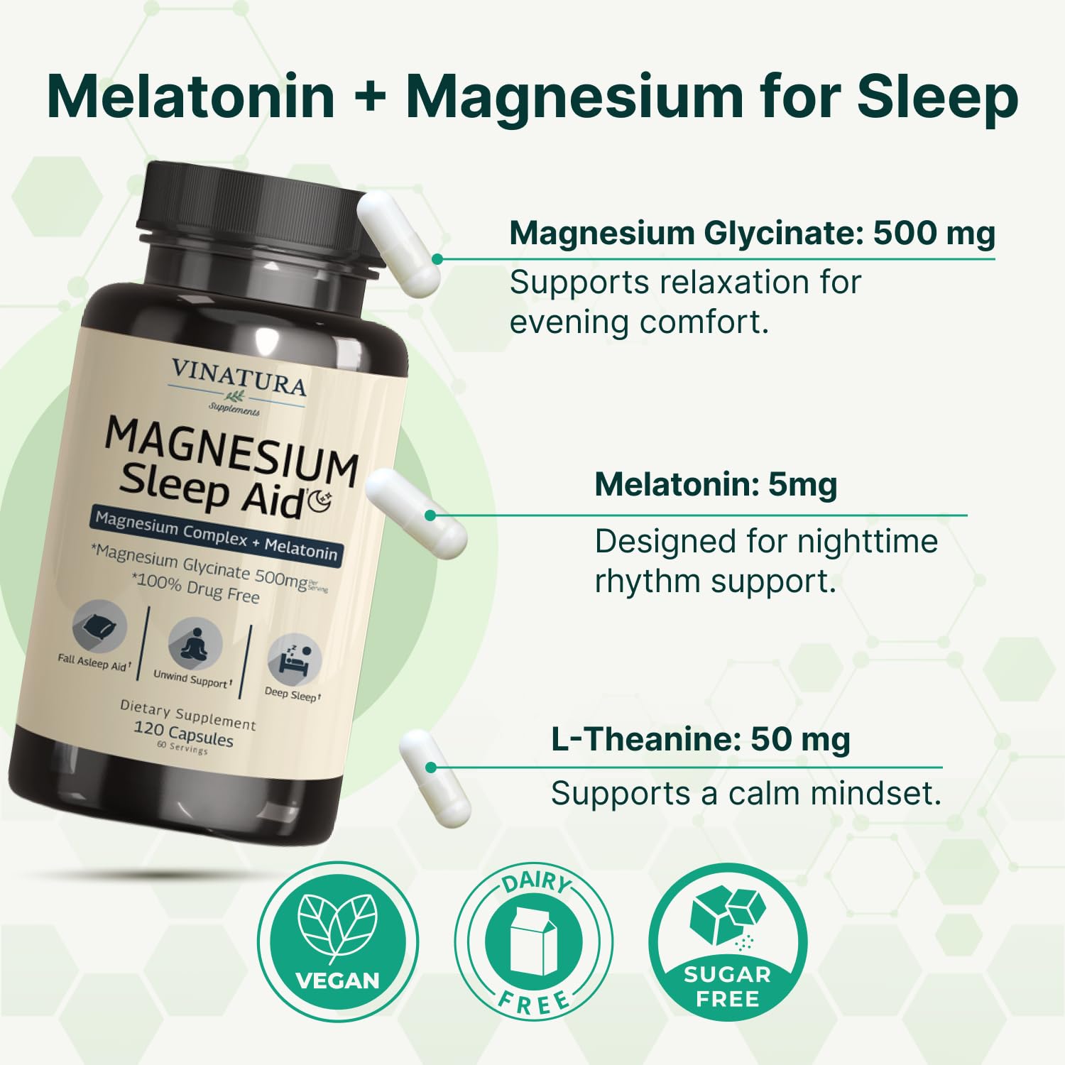 Magnesium Sleep Aid - Magnesium Glycinate Complex for Sleep with Melatonin Supplement - Glycinate 500mg, L-Theanine - 120 Capsules VINATURA buy supplements canada