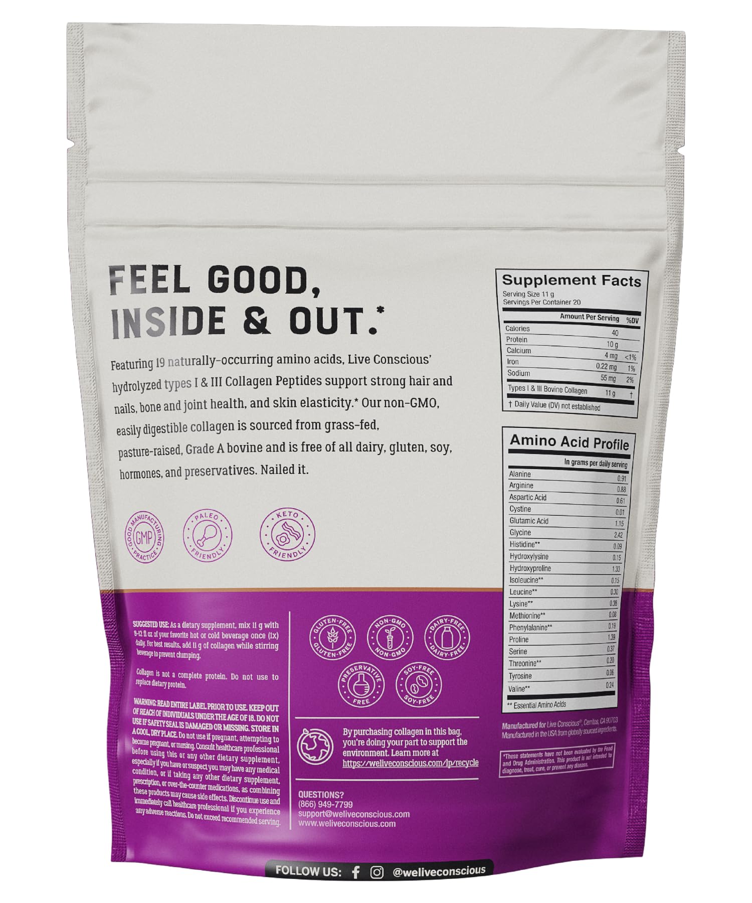 Live Conscious Collagen Powder Hydrolyzed Collagen Peptides Type I & III - Keto & Paleo Friendly - Unflavored - 20 Servings, 7.8 oz Live Conscious buy supplements canada