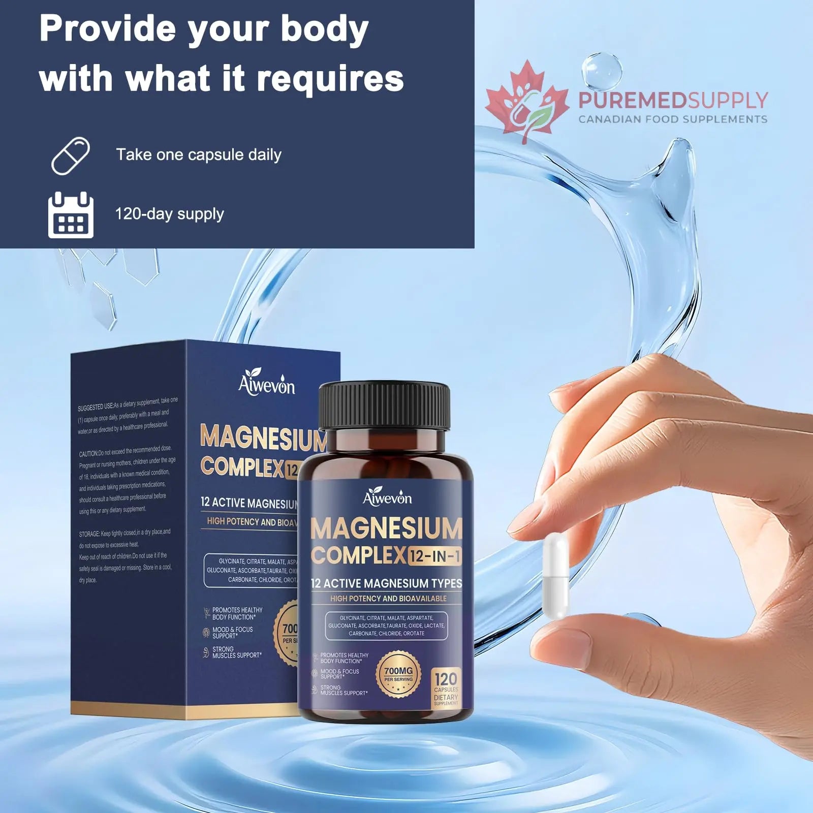 Magnesium Complex 700mg, 12 in 1 Magnesium Supplement with Glycinate, Citrate, Malate, Oxide, Taurate & Orotate, High Absorption Magnesium for Sleep, Muscle, Nerve & Heart Support, Vegan, 120 Capsules Aiwevon buy supplements canada