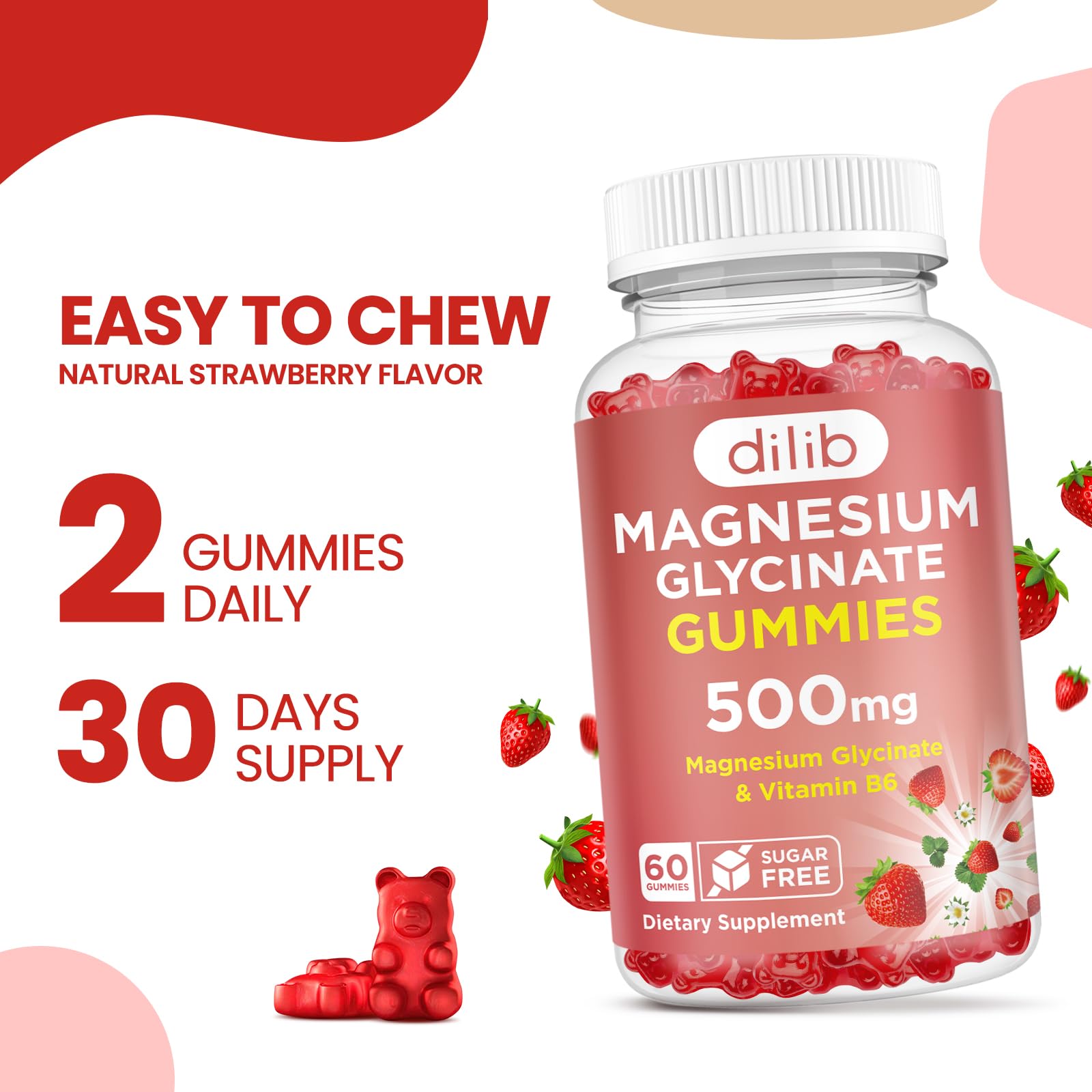 Magnesium Glycinate Gummies 500mg - Magnesium Supplement with Vitamin B6 for Adults & Magnesium for Kids - Calm Magnesium for Sleep, Mood, Muscle Support - Strawberry Flavor, 60 Gummies dilib buy supplements canada