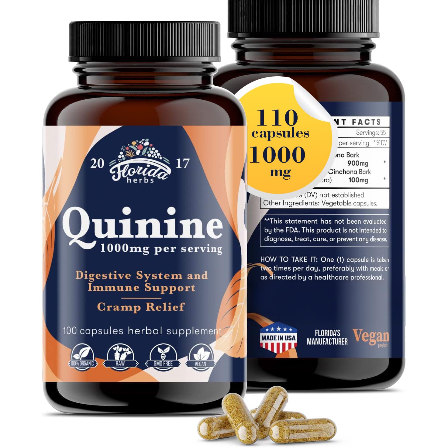 FLORIDA HERBS Quinine for Leg Cramps 1000 mg - 110 Capsules - Cinchona Bark Extract Supplement - Quinine Capsules - Vegan, Non - GMO FLORIDA HERBS buy supplements canada