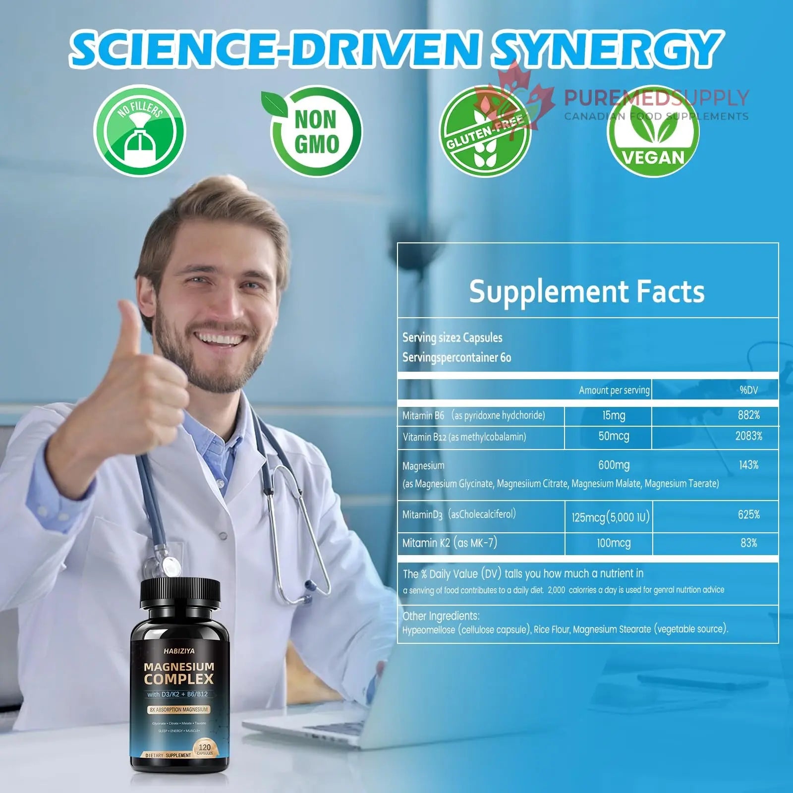 Magnesium Complex Supplement 600mg with with D3 K2 MK7 & B Vitamins High Absorption Capsules with Glycinate, Citrate & Malate,Taurate Relaxation,Muscle,Heart Support, Vegan 120 Capsules HABIZIYA buy supplements canada