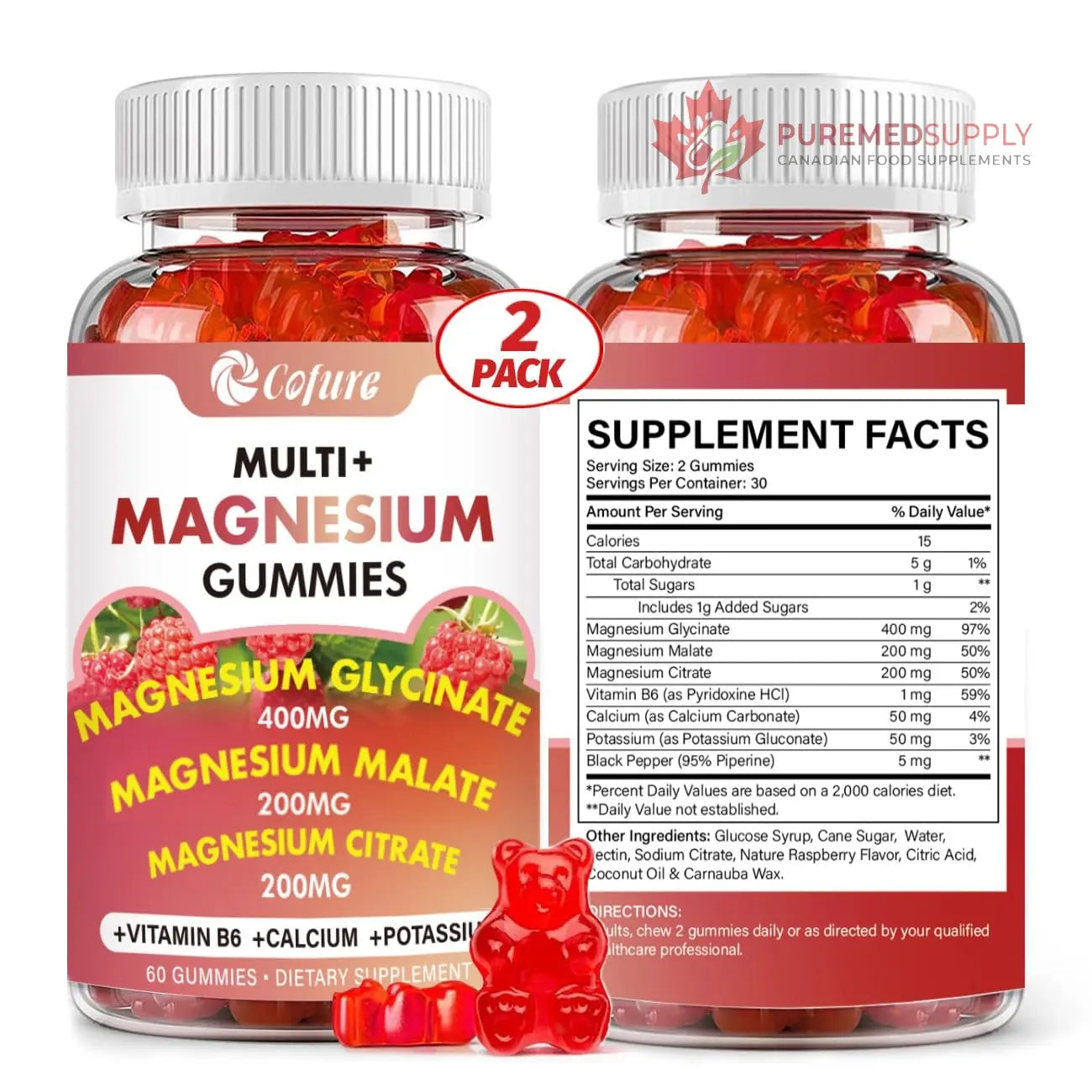 Cofure Triple Magnesium Complex 900 mg, Magnesium Glycinate, Citrate, Malate with Potassium, Calcium, Vitamin B6 for Calm & Sleep - Vegan, Non-GMO, Gluten Free - 120 Raspberry Gummies for Adults Cofure buy supplements canada