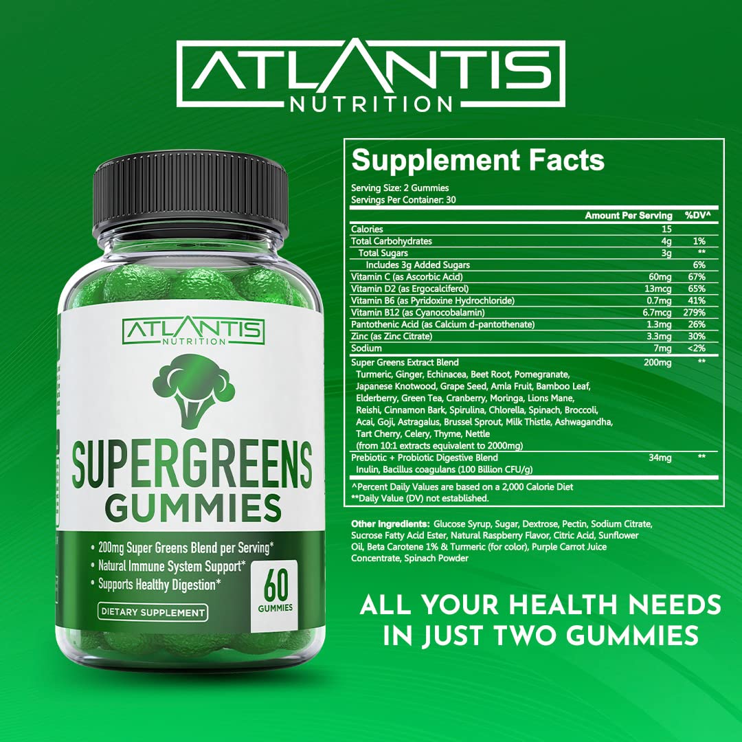 Atlantis Nutrition Supergreens Gummies - Daily Green Superfoods Supplement with Spinach, Broccoli, Moringa, Beet Root, Celery, Green Tea, & Acai for Immunity Support - Natural Raspberry Flavor, 60 cnt Atlantis Nutrition buy supplements canada