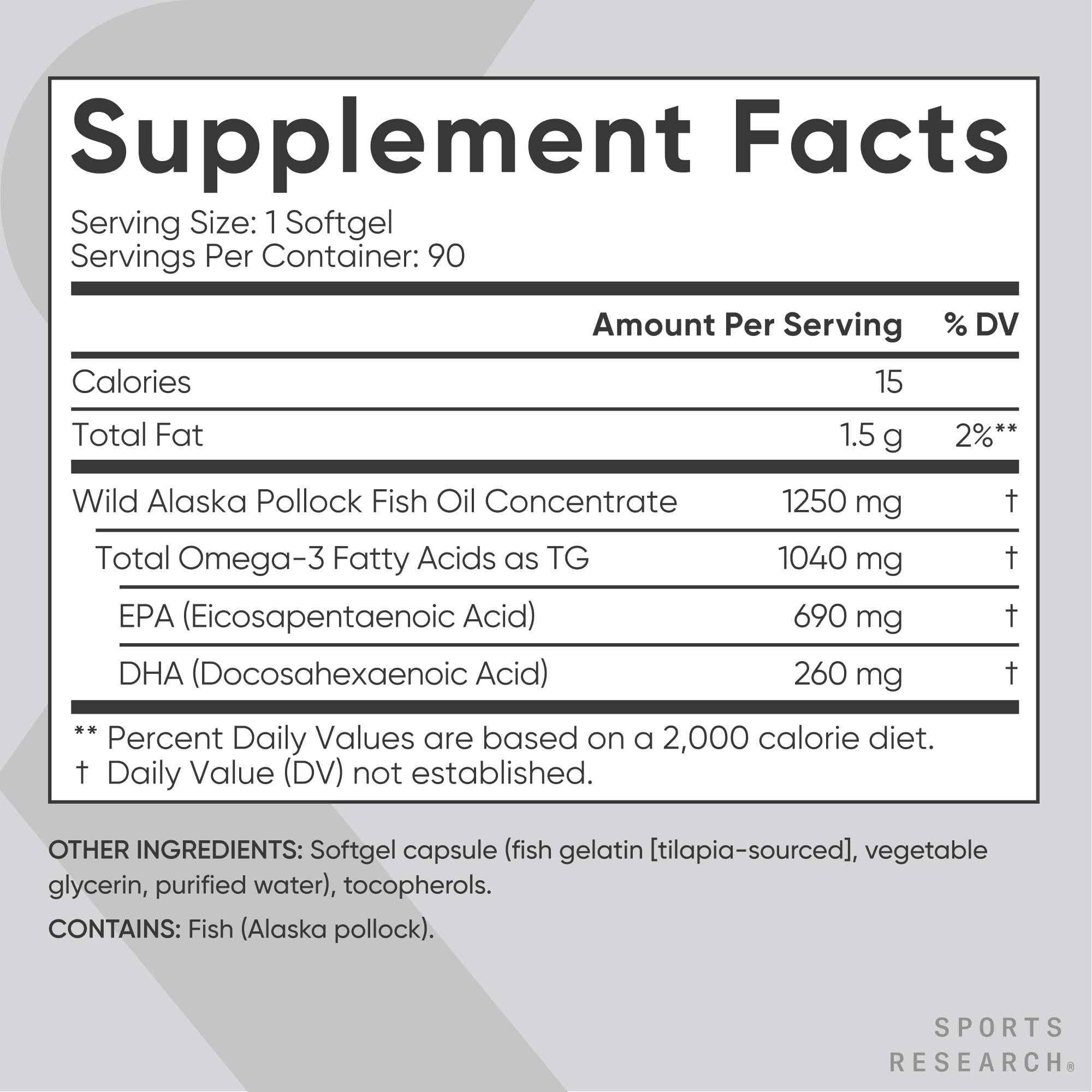 Sports Research® Omega-3 Fish Oil 1250 - Triple Strength Fish Oil Supplement from Wild Alaska Pollock - MSC Certified Sustainable