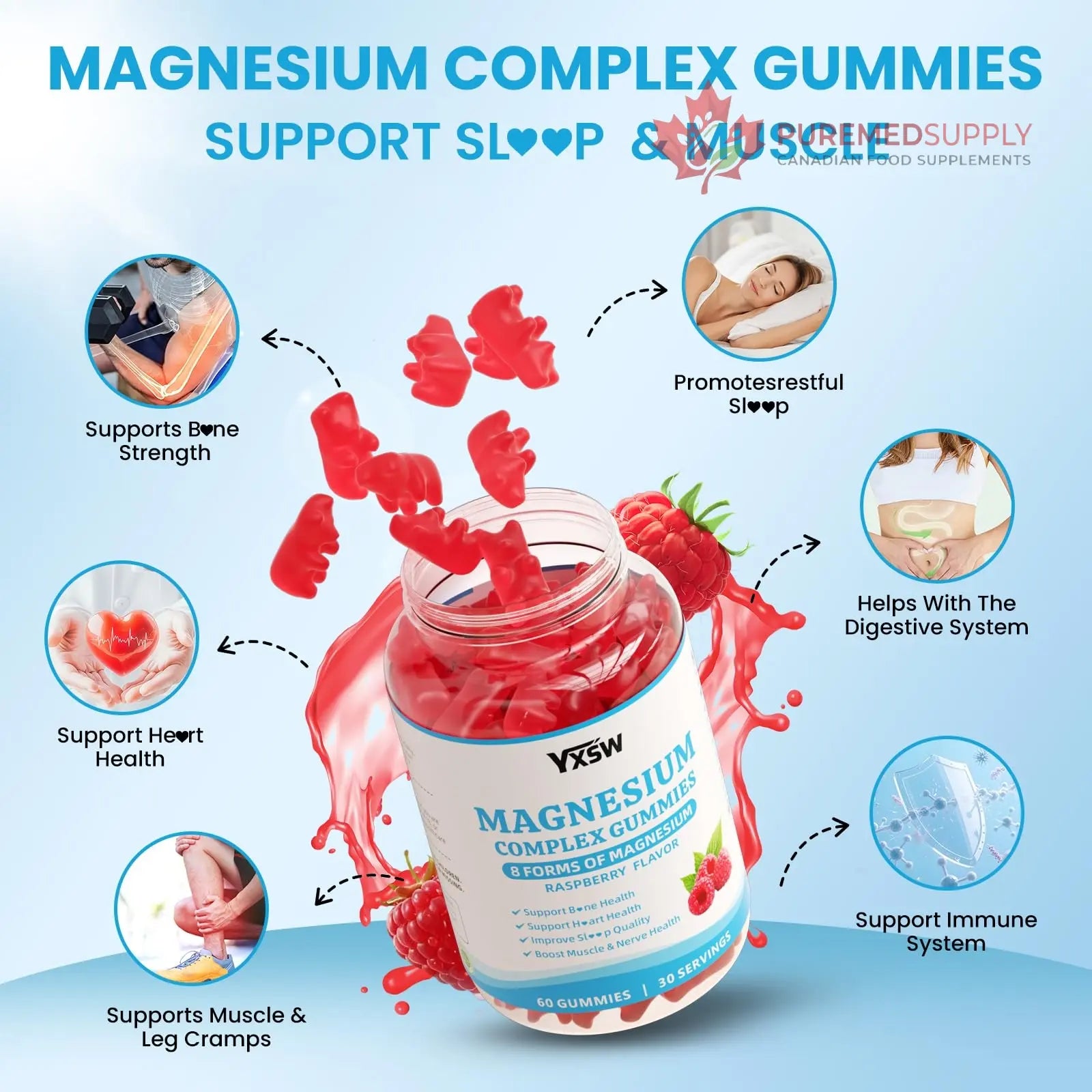 Magnesium Complex Gummies 8 Elemental 1000mg - Magnesium Glycinate, Citrate, Malate, Taurate, Supports Bones, Muscle, Nerve Health, for Women & Men, Vegan Non-GMO, Raspberry Flavor, 60 Count YXSW buy supplements canada